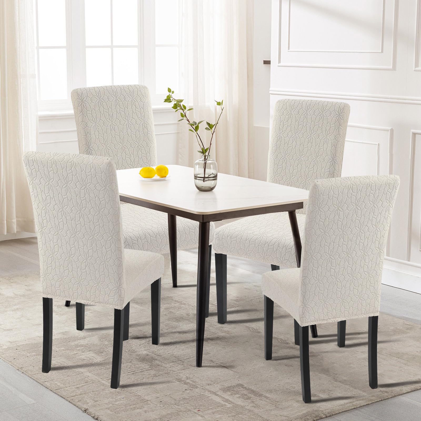 Searchi Jacquard Dining Room Chair Covers Set Of 4, Stretch Kitchen Chair Covers Washable Parsons Chair Slipcover Removable Dining Chair Protectors For Hotel,Ceremony(Beige Floral Texture)