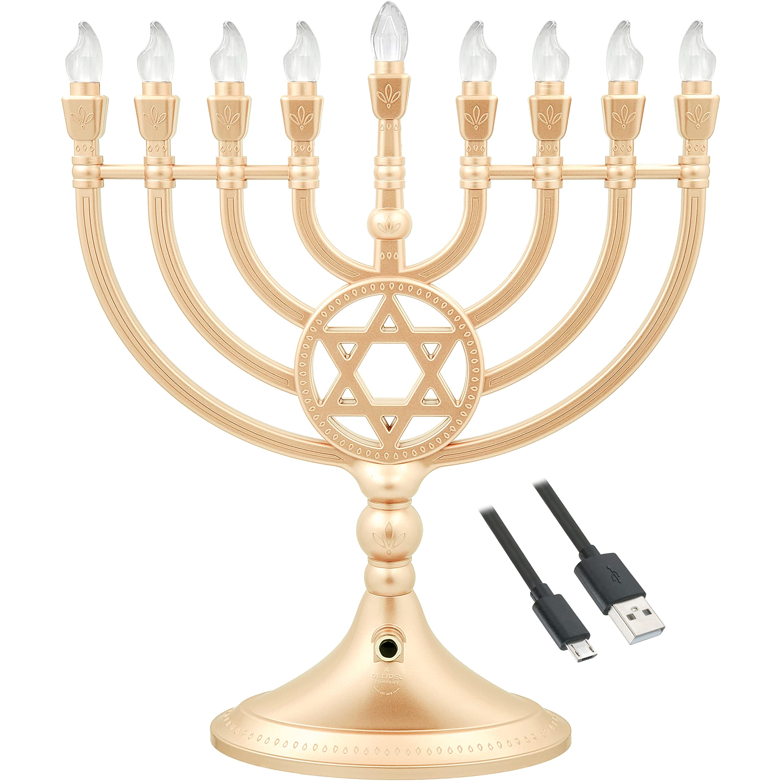The Dreidel Company Traditional LED Electric Silver Hanukkah Menorah - Battery or USB Powered - Includes a Micro USB 4 Charging