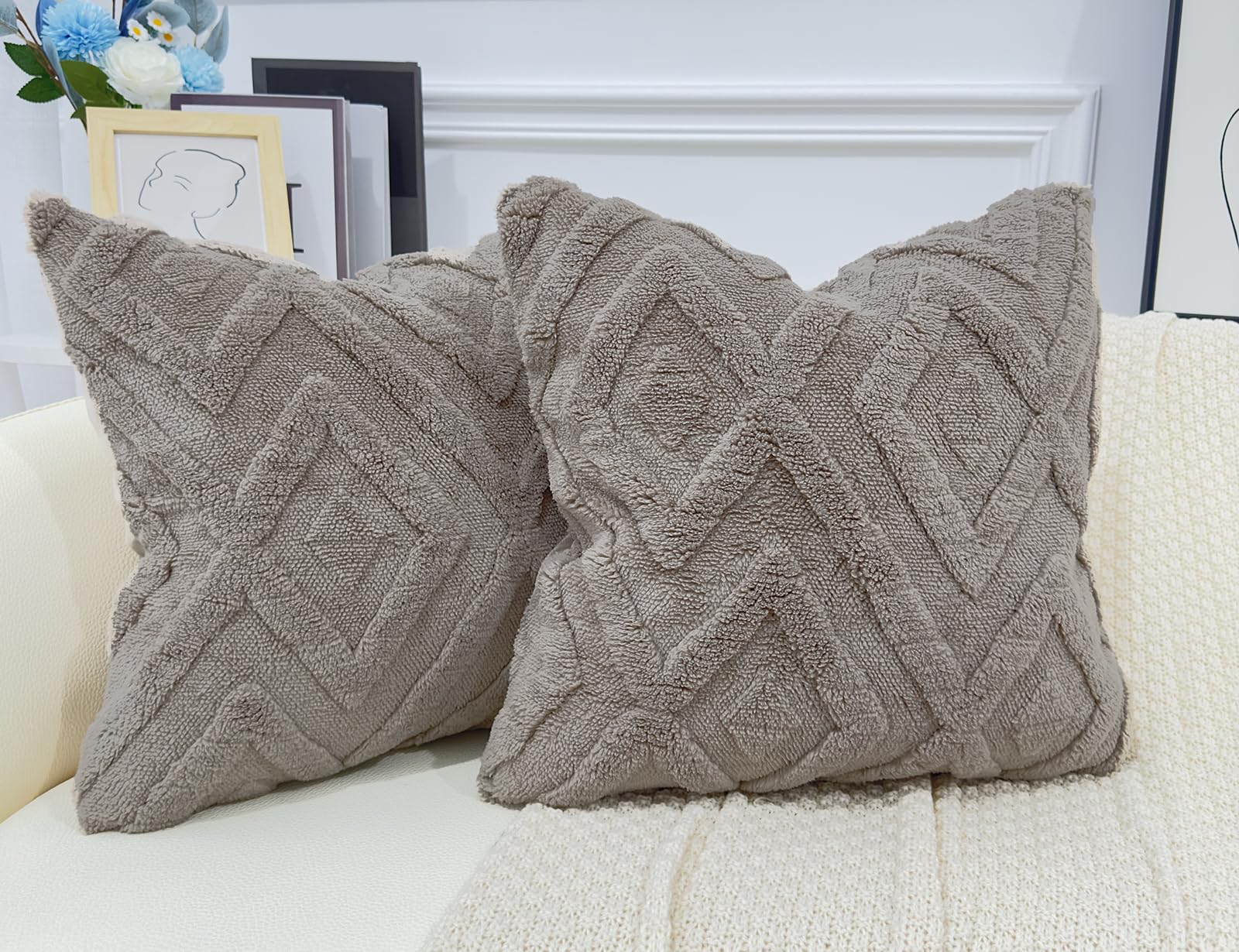 Drnou Set Of 2 Faux Fur Extra Large Grey Taupe Throw Pillow Covers 26X26,Soft Checkborad Pattern Decorative Boho Pillow Cover Ca