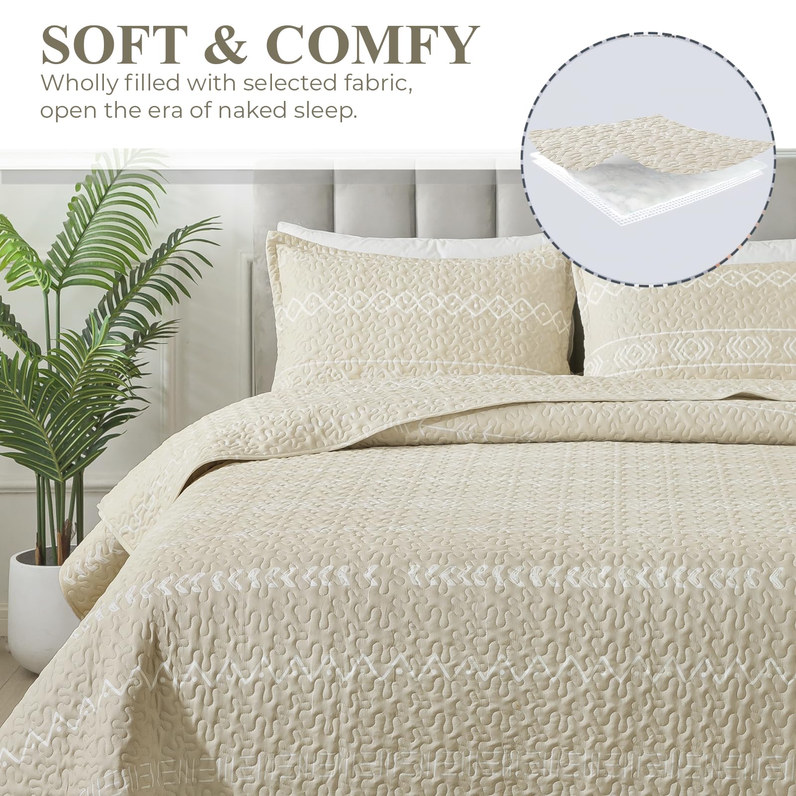 Andency Beige Quilt Set California King (112X104 Inch), 3 Pieces(1 Striped Triangle Printed Quilt And 2 Pillowcases), Bohemian Summer Lightweight Reversible Microfiber Bedspread Coverlet Sets