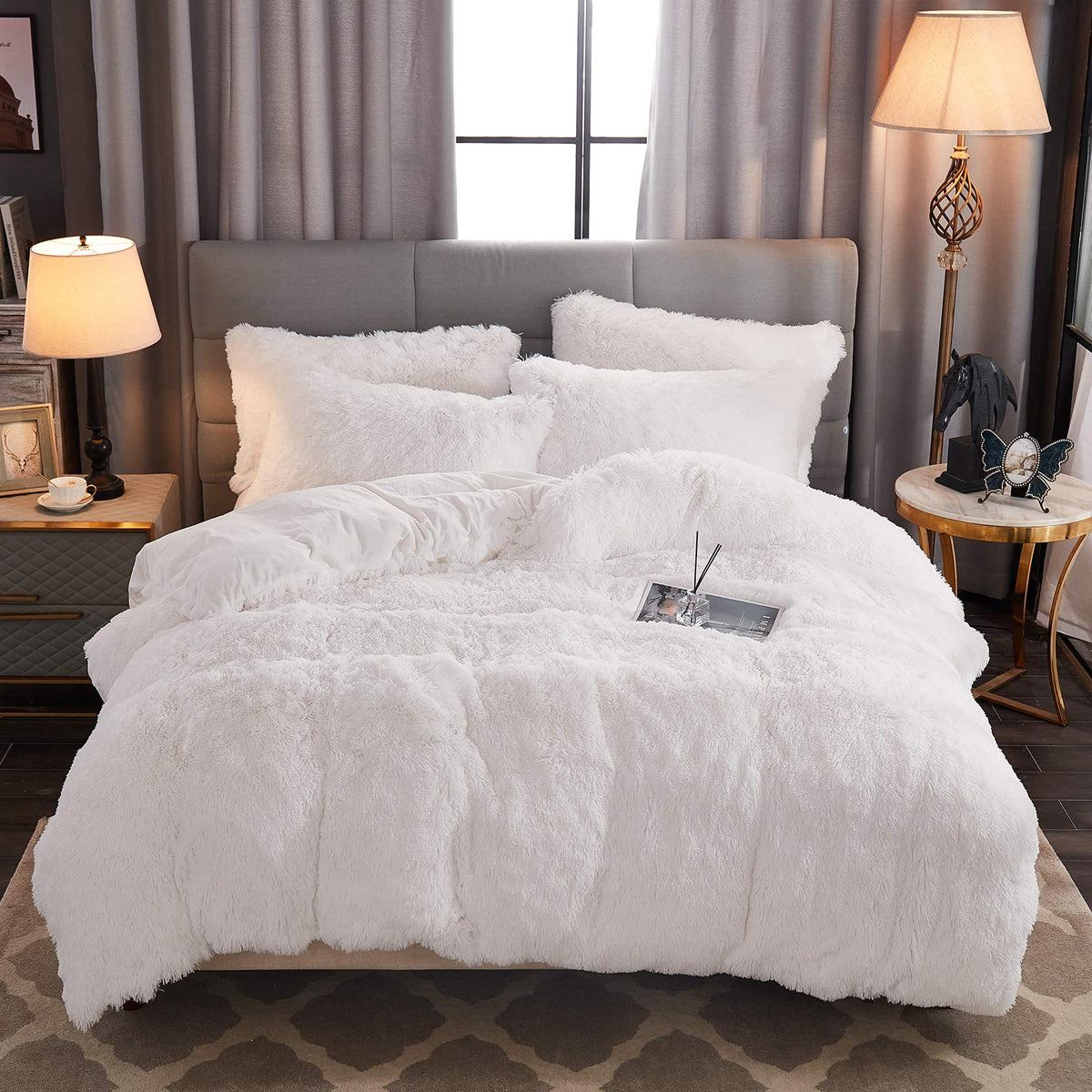 Werdim Shaggy Fluffy Faux Fur Duvet Cover Set Button Closure Velvety Bedding Set Comforter Cover With Pillowcases White, Queen S