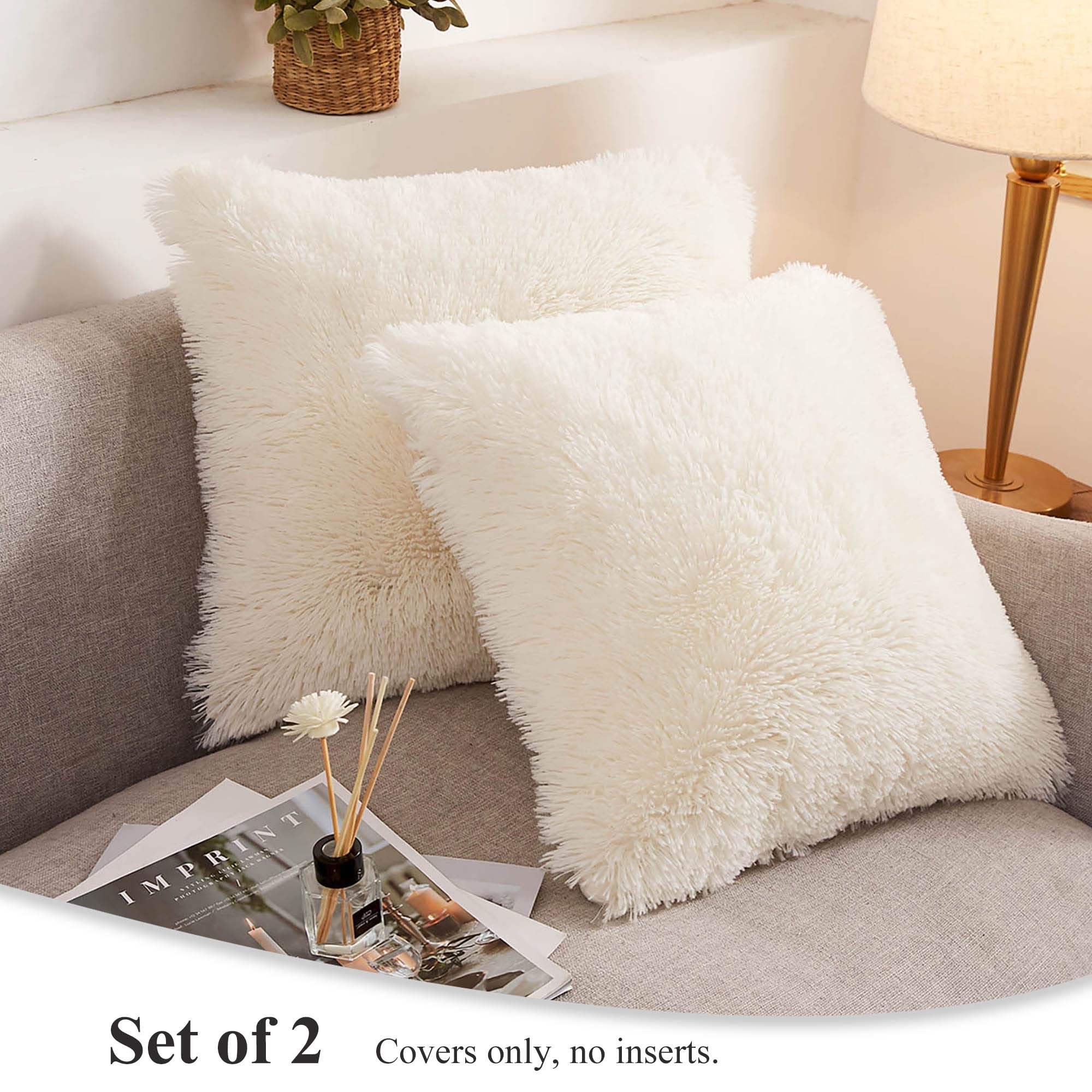 Xege Faux Fur Throw Pillow Covers, Shaggy Fluffy Cushion Covers, Plush Furry Pillow Cases, Fuzzy Decorative Pillow Shams With Zi