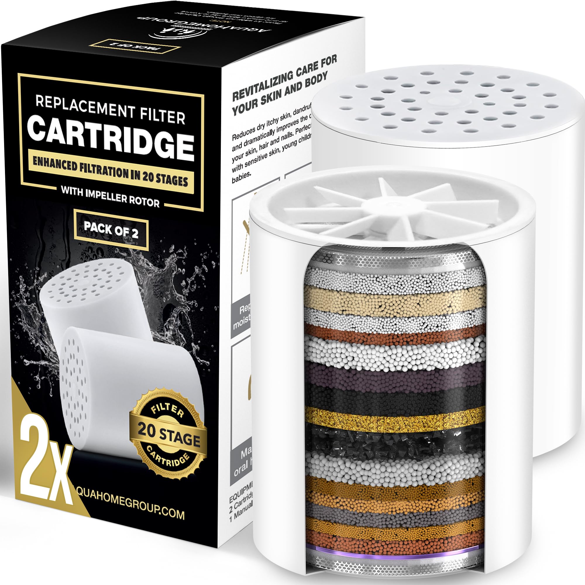 AquaHomeGroup 20-Stage Premium Shower Filter Replacement Cartridge with Spin Propeller 2-Pack (No Housing) - Water Filter Refill