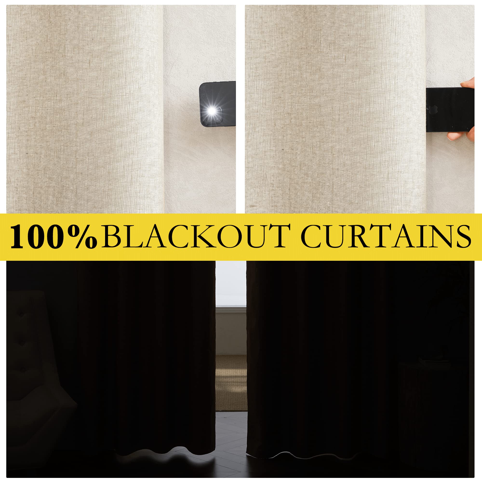 Nicetown 100% Absolutely Blackout Linen Curtains With Thermal Insulated White Liner, 52' Wide, 2 Panels, 84 Inches Long Drapes, Grommet Retro Beige Linen Curtains Vertical Drapes Privacy For Bedroom