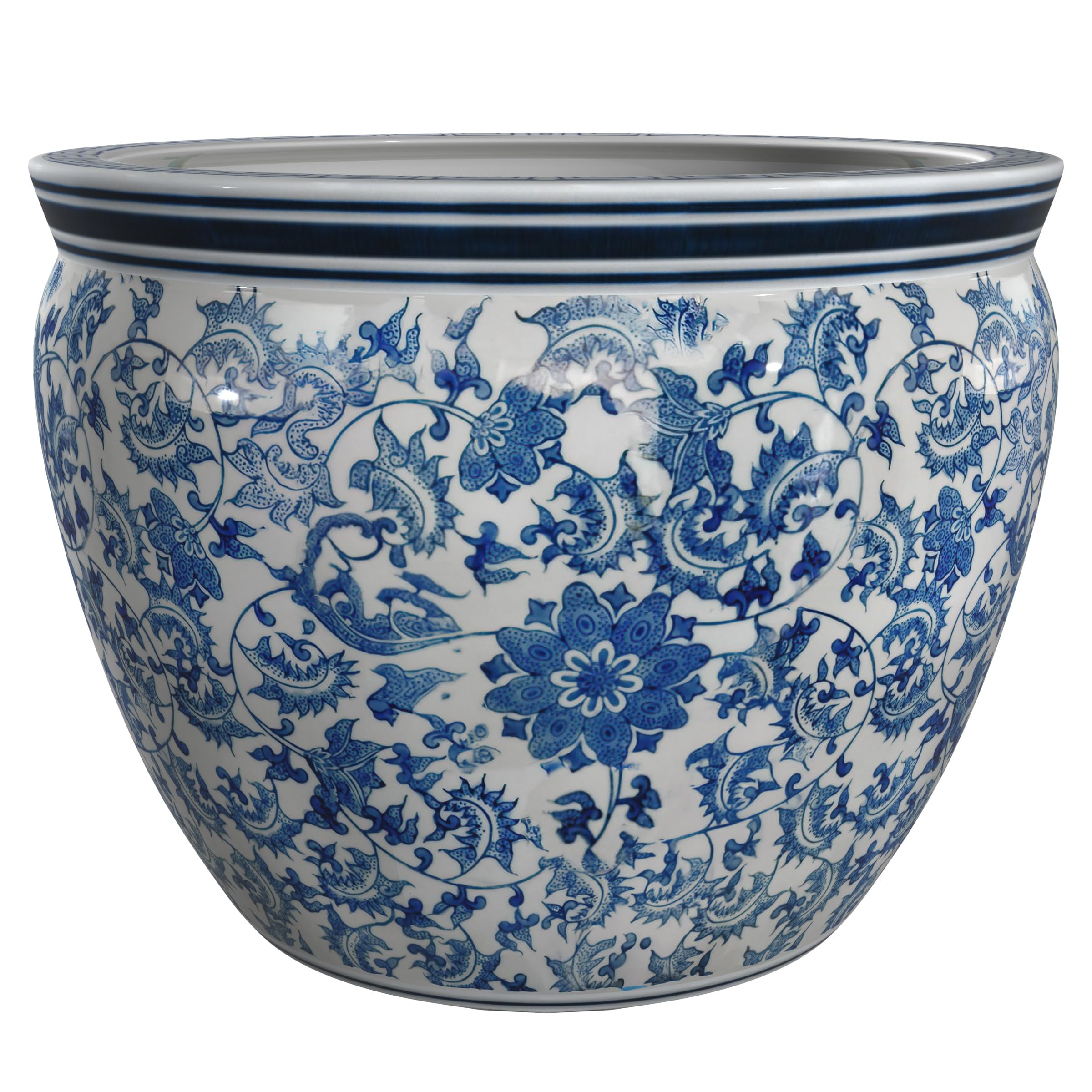 Red Lantern Large 18' Porcelain Fishbowl Blue & White Floral Planter Or Cachepot For Indoor/Outdoor Use In Garden Entryway Livi