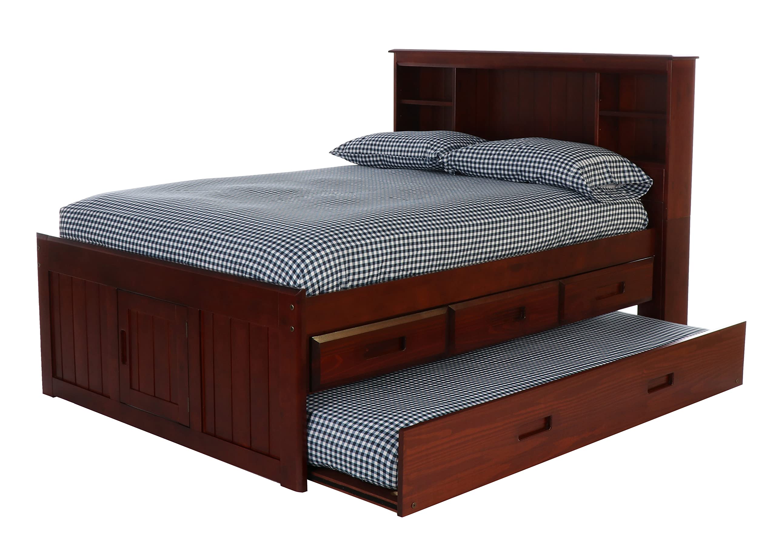 OS Home and Office Furniture Model 82821K3-22 Solid Pine Full Captains Bookcase Bed with 3 Drawers and a Twin Sized Trundle in Rich Merlot