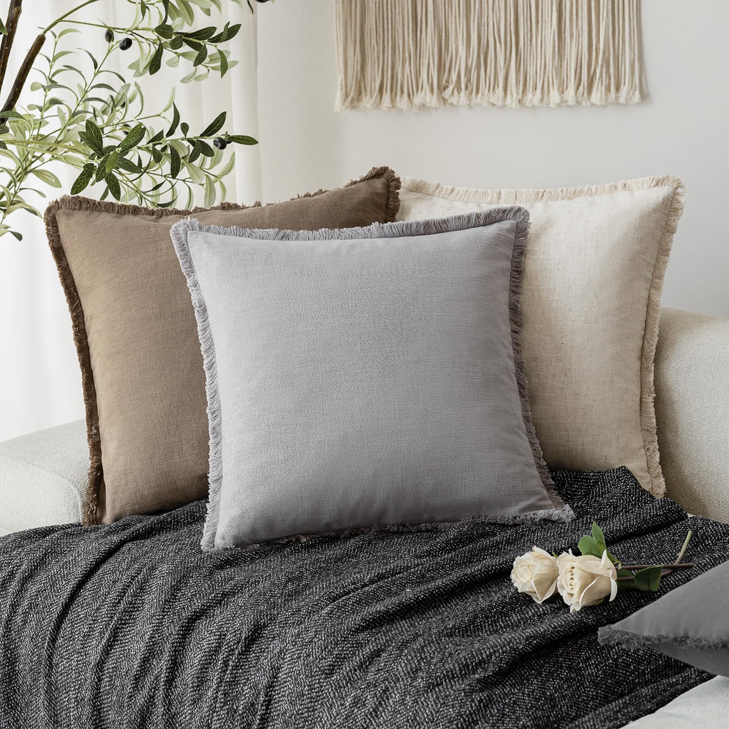 Foindtower Decorative Linen Fringe Throw Pillow Covers Boho Farmhouse Cushion Cover With Tassels Soft Accent Pillowcase For Chai