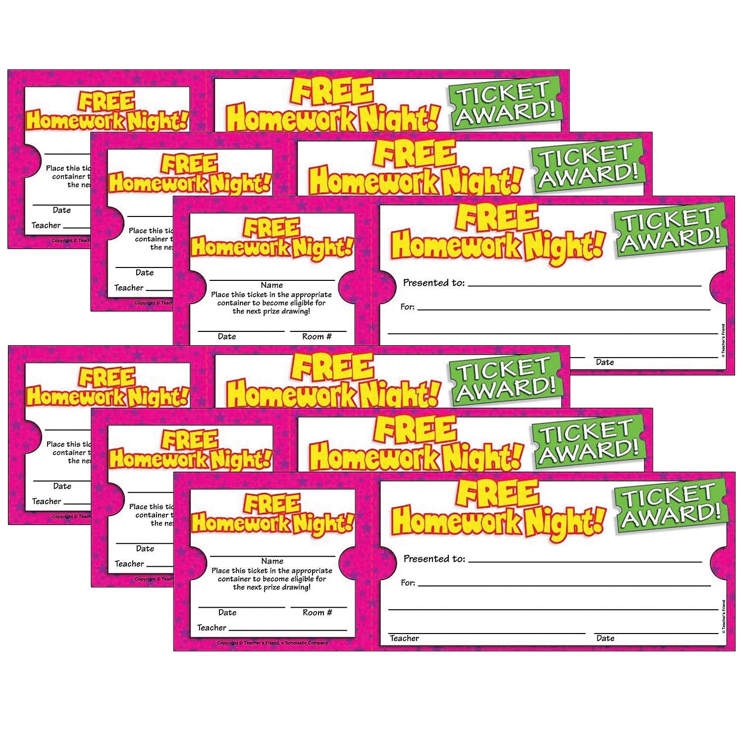 Scholastic Tf-1617-6 Teacher Resources Ticket Awards, 4-Inch X 2.5-Inch, Free Homework Night!, 100 Per Pack, 6 Packs