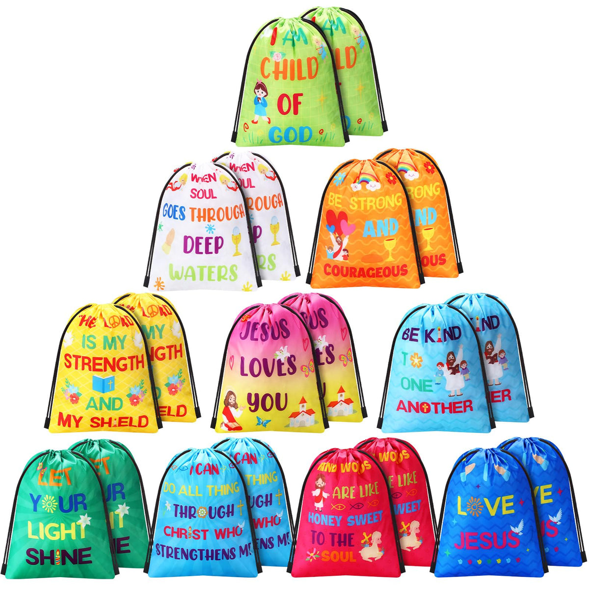 Frienda 20 Pieces Religious Gift Bags Christian Drawstring Backpacks Jesus Treat String Bags Bulk God Bless Baggies for Sunday S