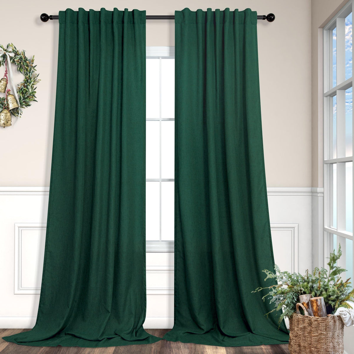 Dark Green Curtains 108 Inches Long For Living Room 2 Panels Back Tab Pocket Semi Sheer Linen Deep Hunter Forest Curtains For Pa