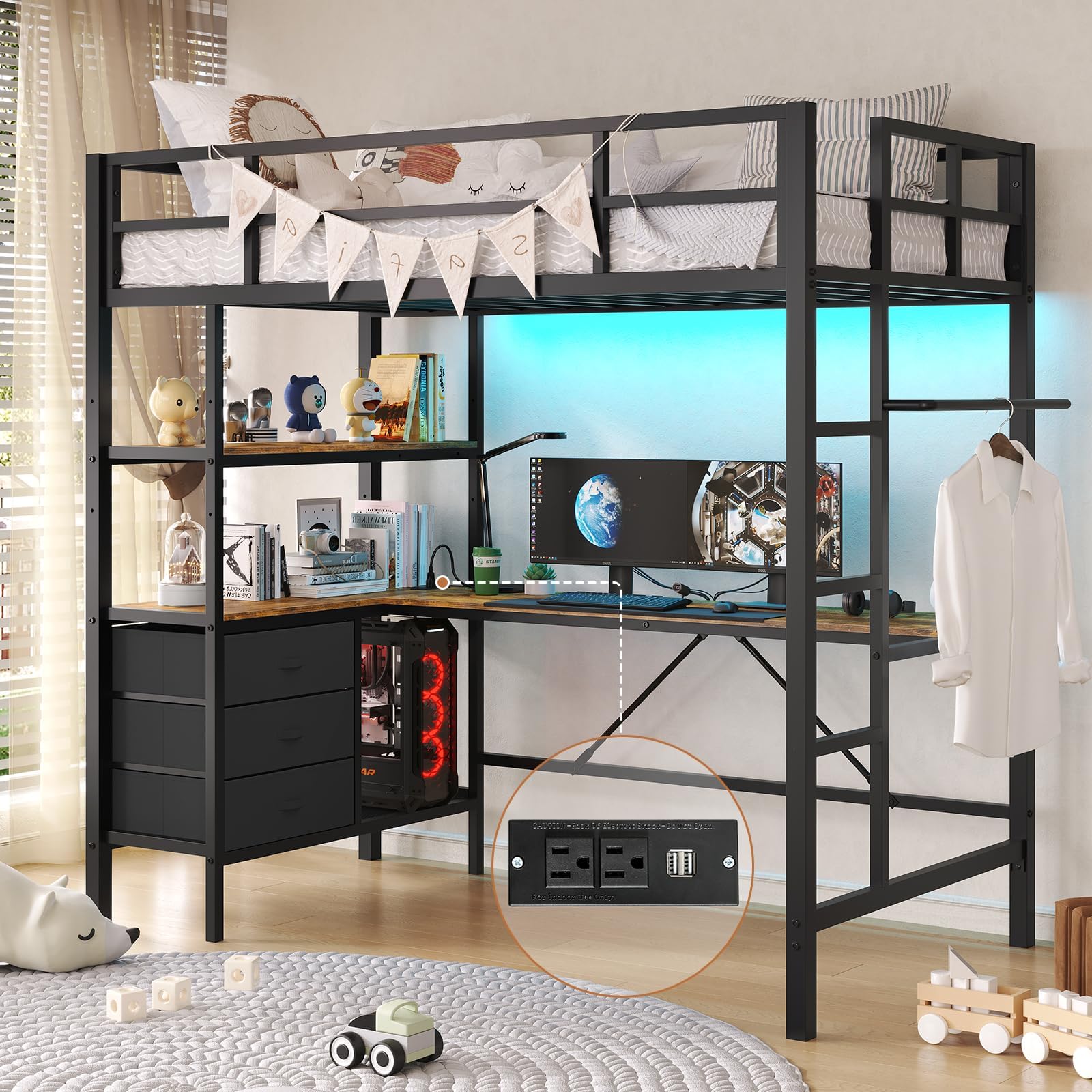 Dictac Twin Metal Loft Bed With L-Shaped Desk, Led Lights,Charging Station Led Loft Bed Frame Twin Size With 3 Storage Shelves And 3 Fabric Drawers, Safety Guard & Ladder, No Box Spring Needed, Black