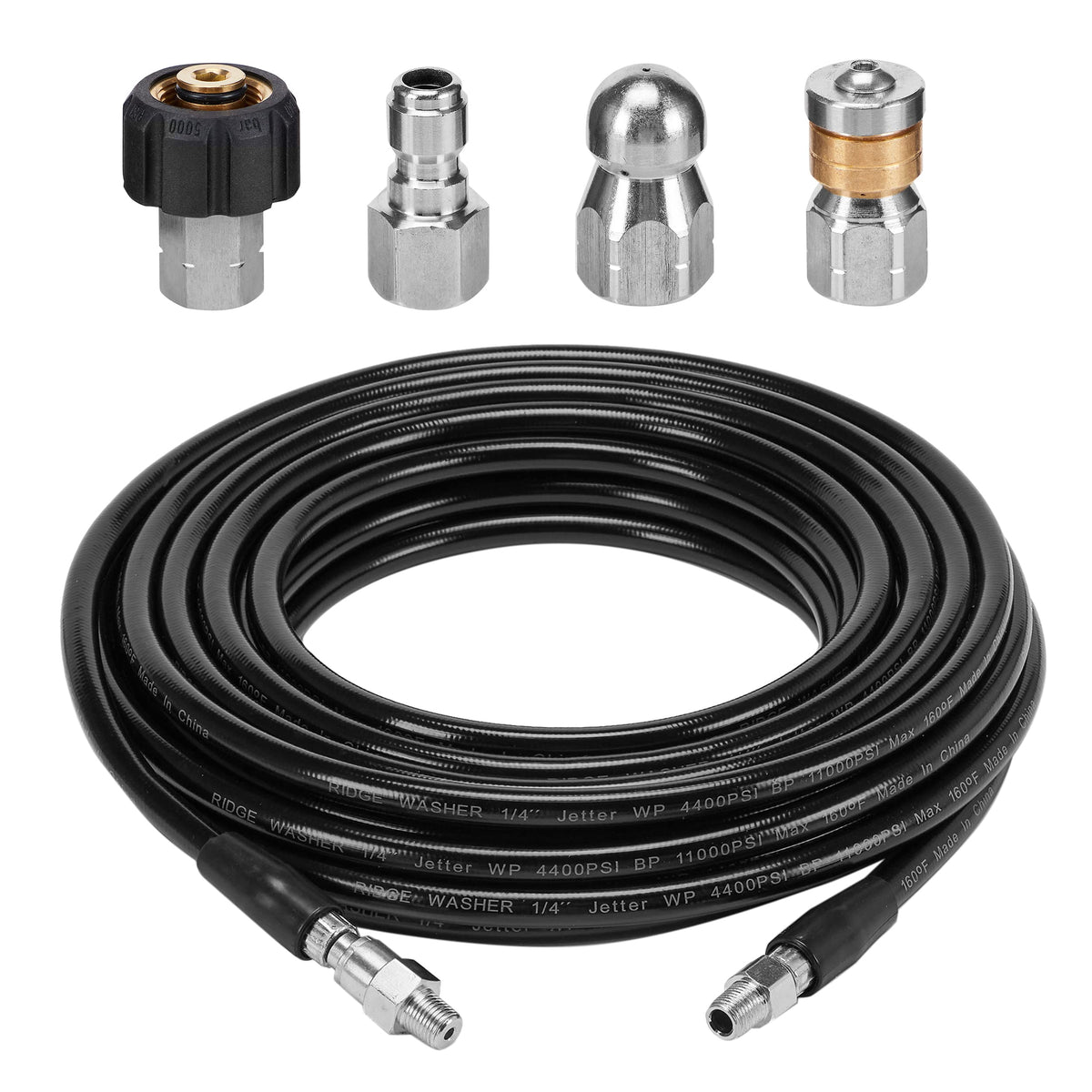 Ridge Washer Sewer Jetter Kit For Pressure Washer, 50 Feet Hose, 1/4 Inch, Drain Jetting, Laser And Rotating Sewer Nozzle, 3600