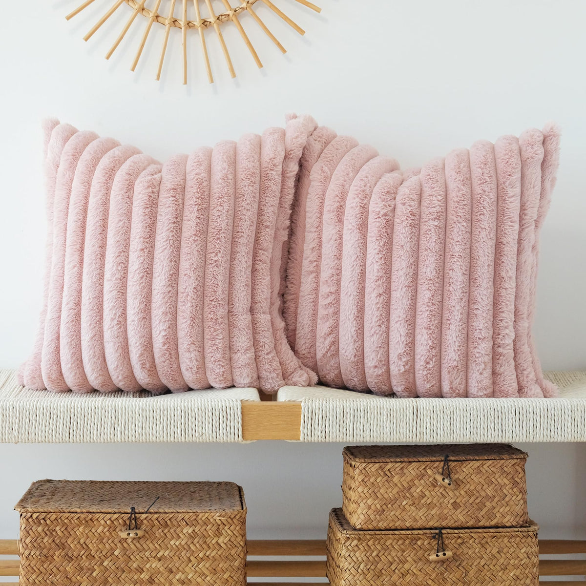 Jojusis Pack Of 2 Faux Fur Plush Decorative Throw Pillow Covers Couch Cushion Case Soft Pillowcases (Pink, 20 X 20-Inch)