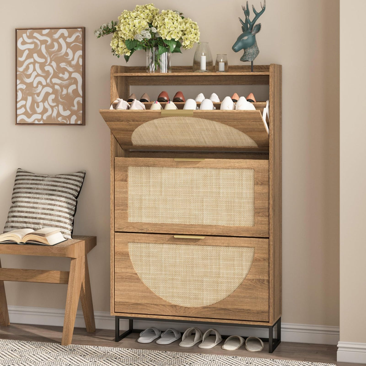 Maupvit Rattan Shoe Storage Cabinet with 3 Flip Drawers, Freestanding Shoe Organizer with Metal Legs for Entryway, Hidden Golden