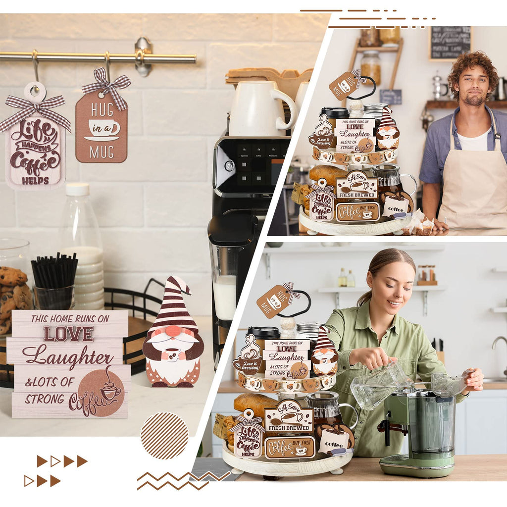 14 Pieces Coffee Tiered Tray Decor Set Coffee Theme Tiered Tray Decor Coffee Wood Signs Coffee Sign Rustic Trays Decor For Summe