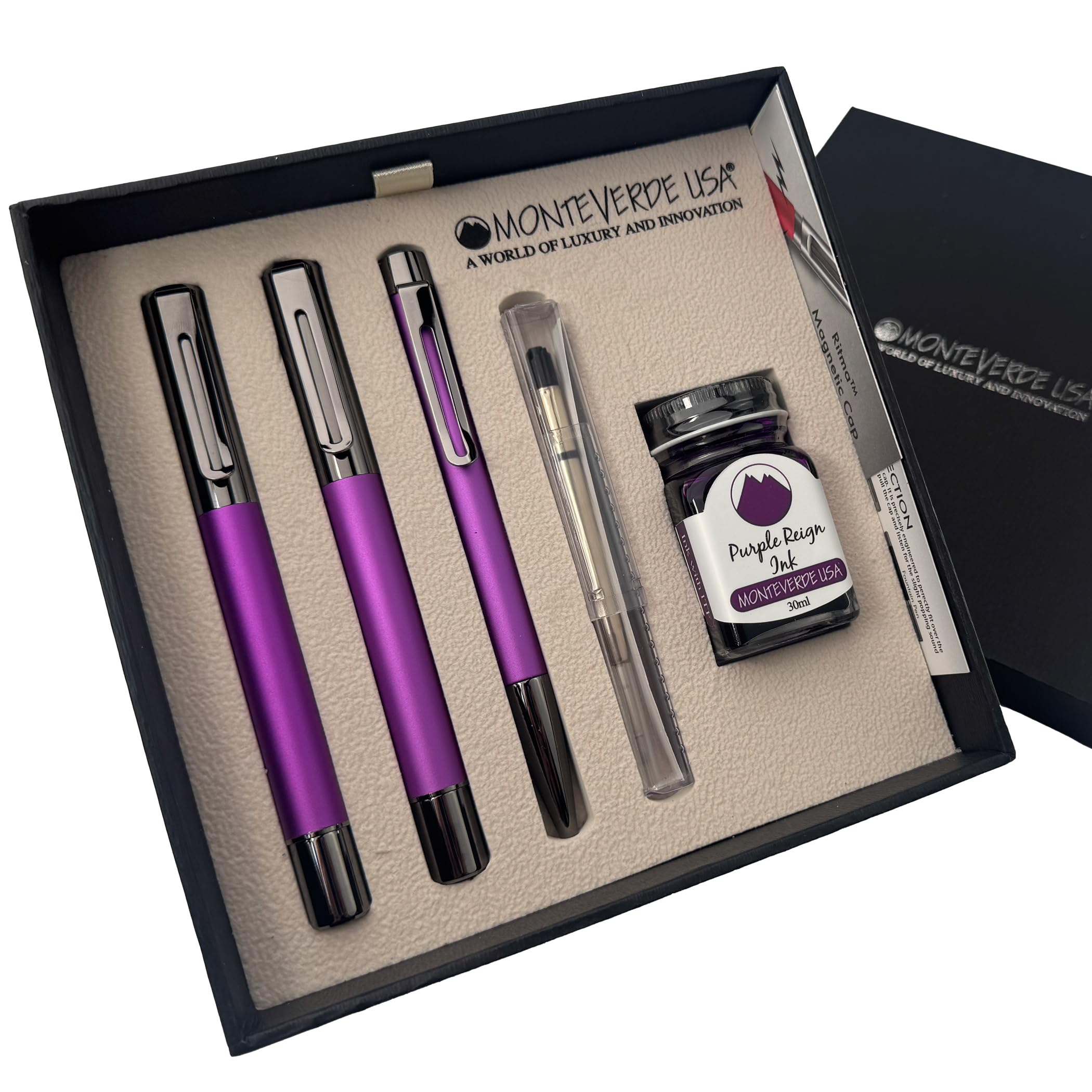 Monteverde Ritma 3+2 Piece Gift Set, Purple - Includes Fine Nib Fountain Pen, Rollerball, Ballpoint, 30Ml Ink & Refill - Elegant