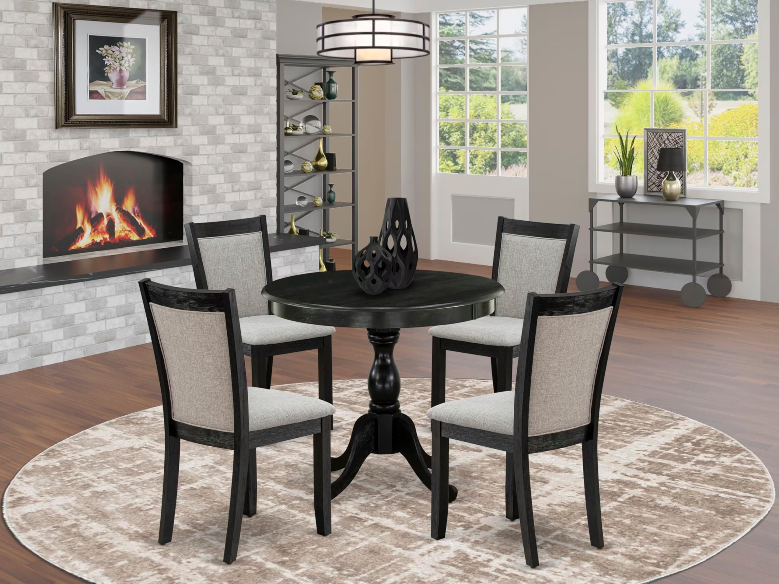 East West Furniture AMMZ5-AB6-06 5 Piece Dinette Set for 4 Includes a Round Kitchen Table with Pedestal and 4 Shitake Linen Fabric Upholstered Parson Chairs, 36x36 Inch, Wirebrushed Black