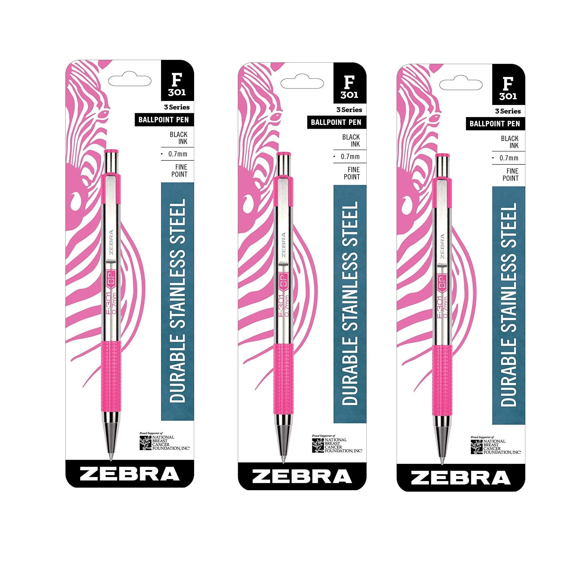 Zebra F-301 Stainless Steel Retractable Ballpoint Pen, 0.7Mm, Bca Pink Barrel, Black Ink (3)