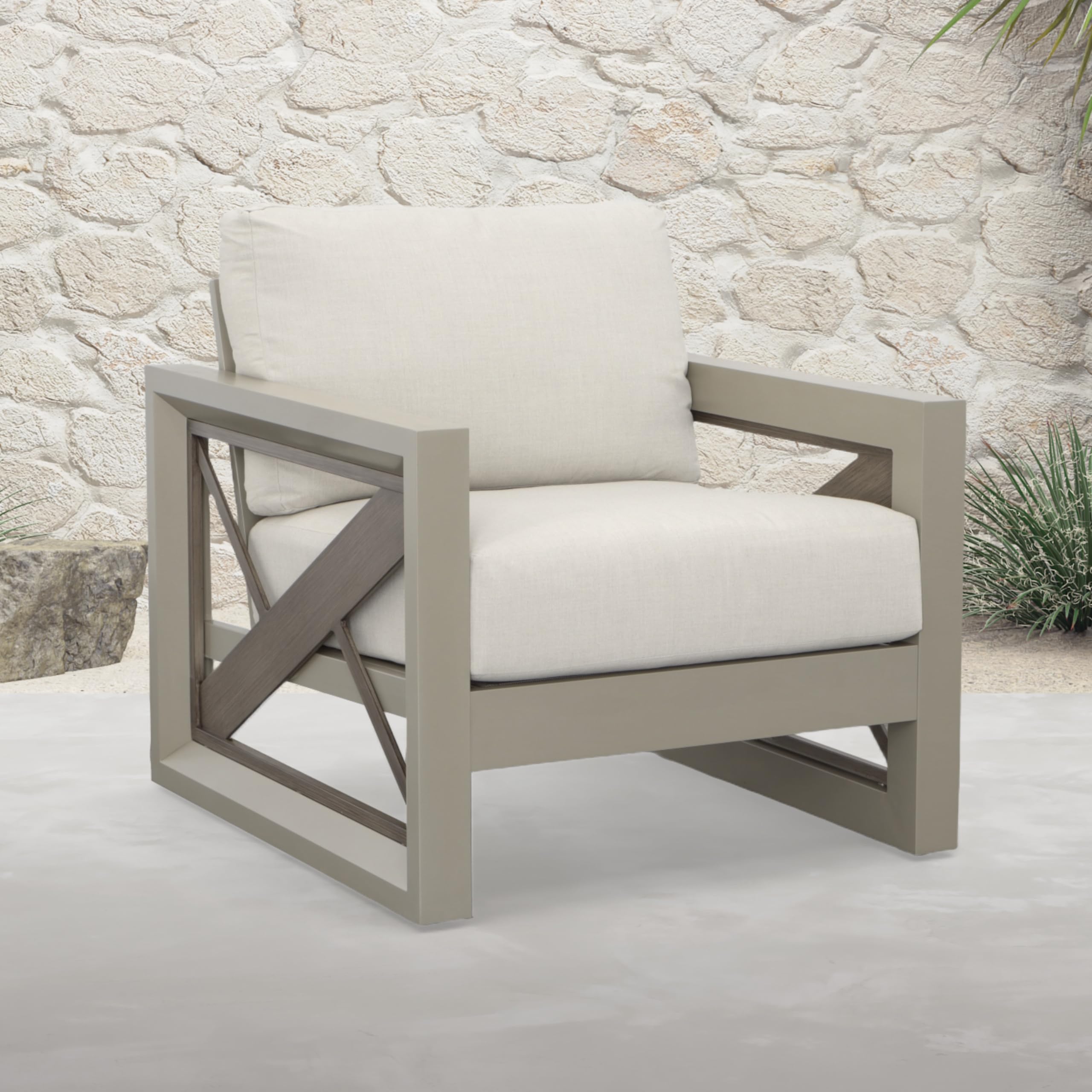 Addison Grace Home Decor Outdoor Arm, Rust-Resistant Aluminum Frame, UV-Treated Acrylic Fabric, Comfortable Seating, Contemporary Style Chair, Dining Table, Cherry