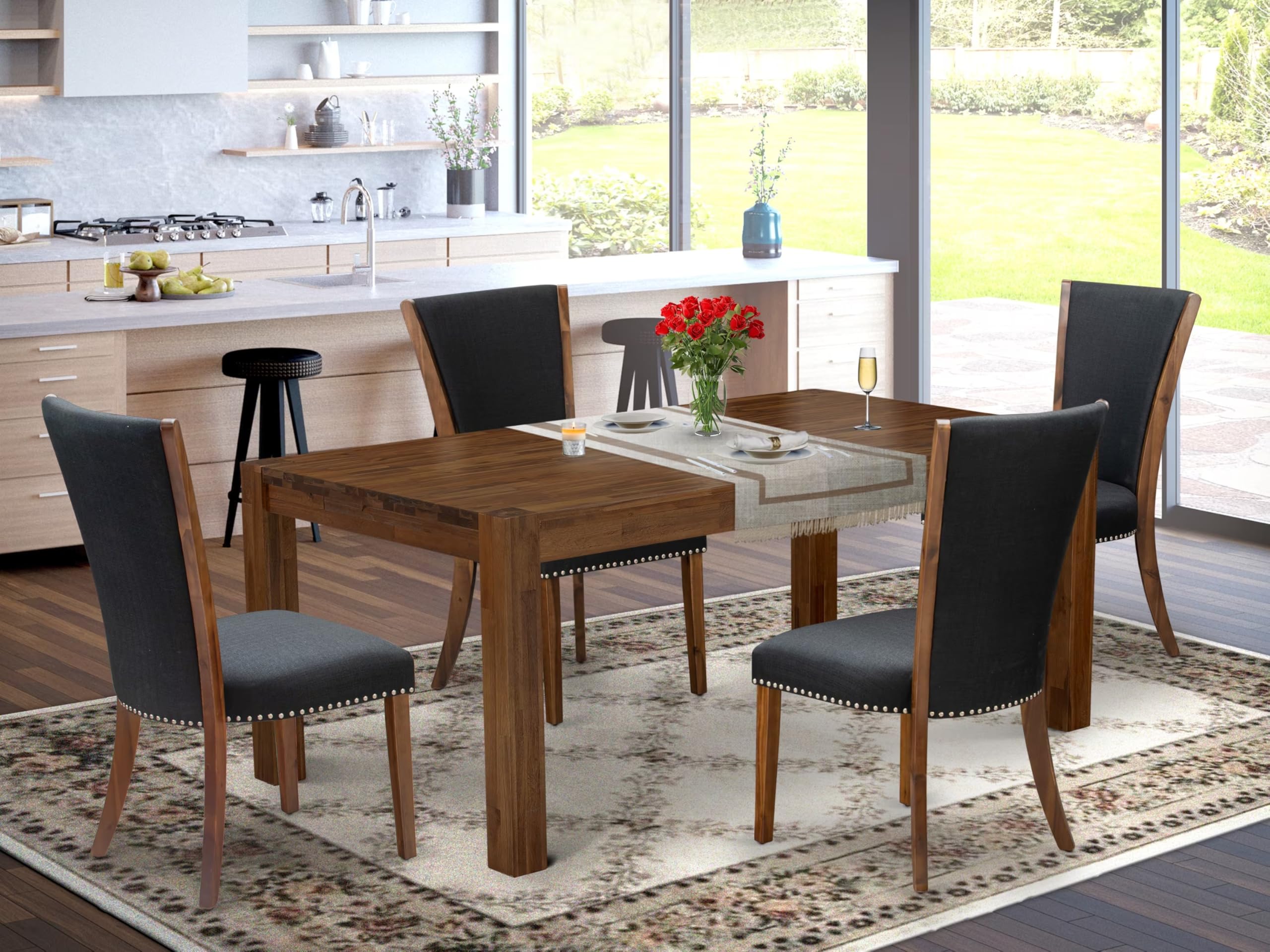 East West Furniture Lmve5-N8-24 5 Piece Dining Table Set Includes A Rectangle Rustic Wood Kitchen Table And 4 Black Color Linen Fabric Parson Dining Room Chairs, 40X72 Inch, Walnut