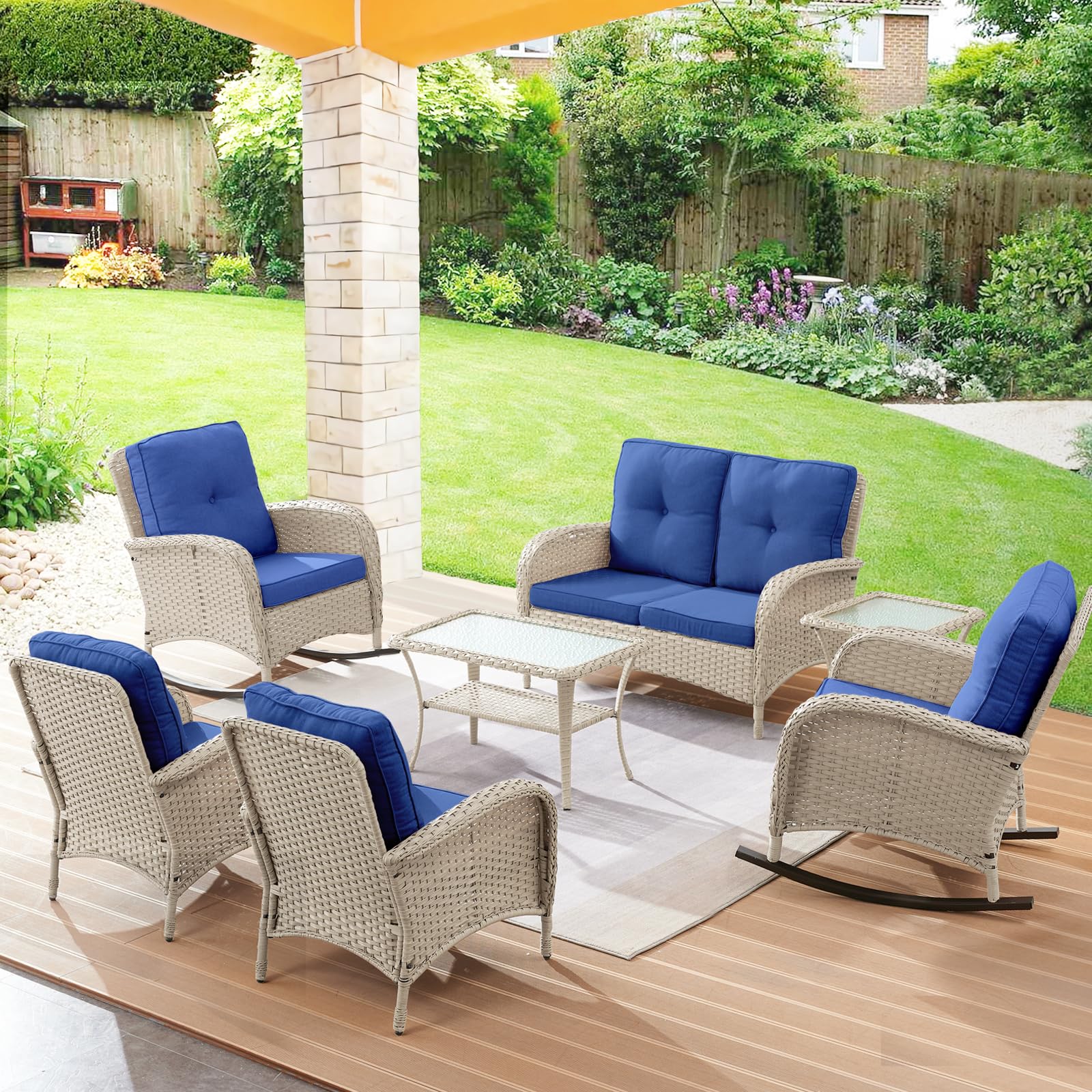 Belord Patio Conversation Sets Wicker Furniture, 7 Pcs Outdoor Rocking Chair Furniture Set For Patio Deck Poolside, 2 Rocking Chairs 2 Club Chairs 2 Rattan Tables 1 Loveseat Included, Blue Cushion
