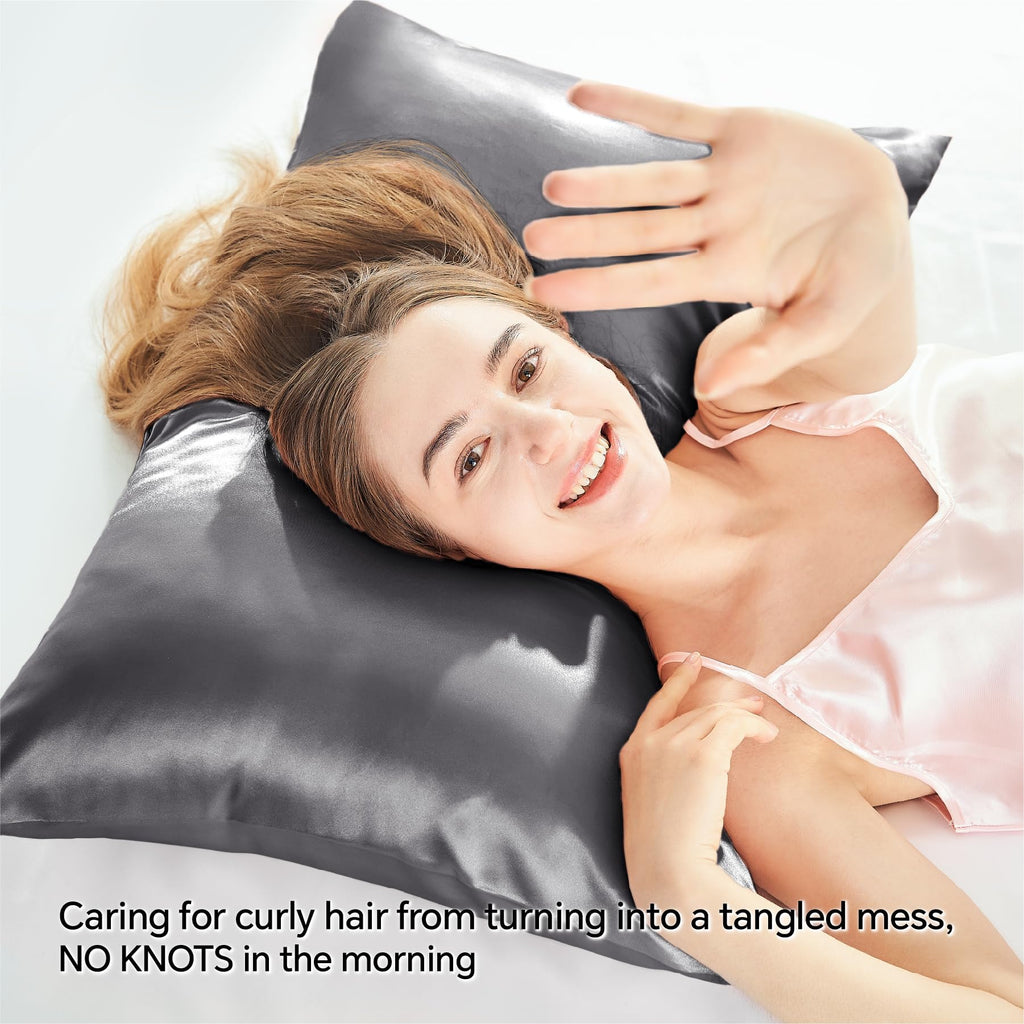 Bedelite Satin Pillowcase With Zipper, Dark Grey King Size Pillow Cases Set Of 2, Super Soft And Cooling Similar To Silk Pillow