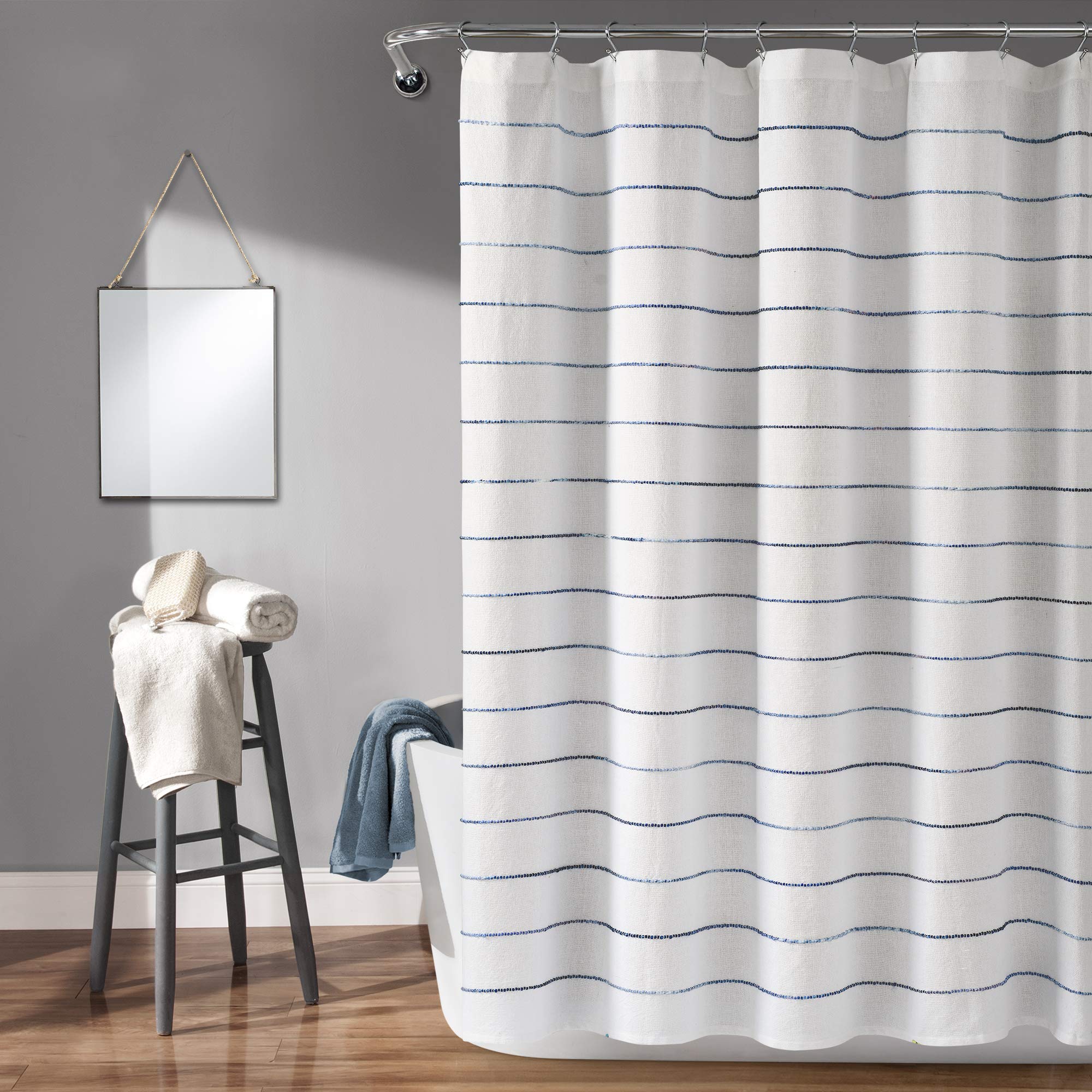 Lush Decor Ombre Stripe Yarn Dyed Cotton Shower Curtain, 72' W X 72' L, Navy & Multi - Colorful Tufted Stripes - Ombre Shower