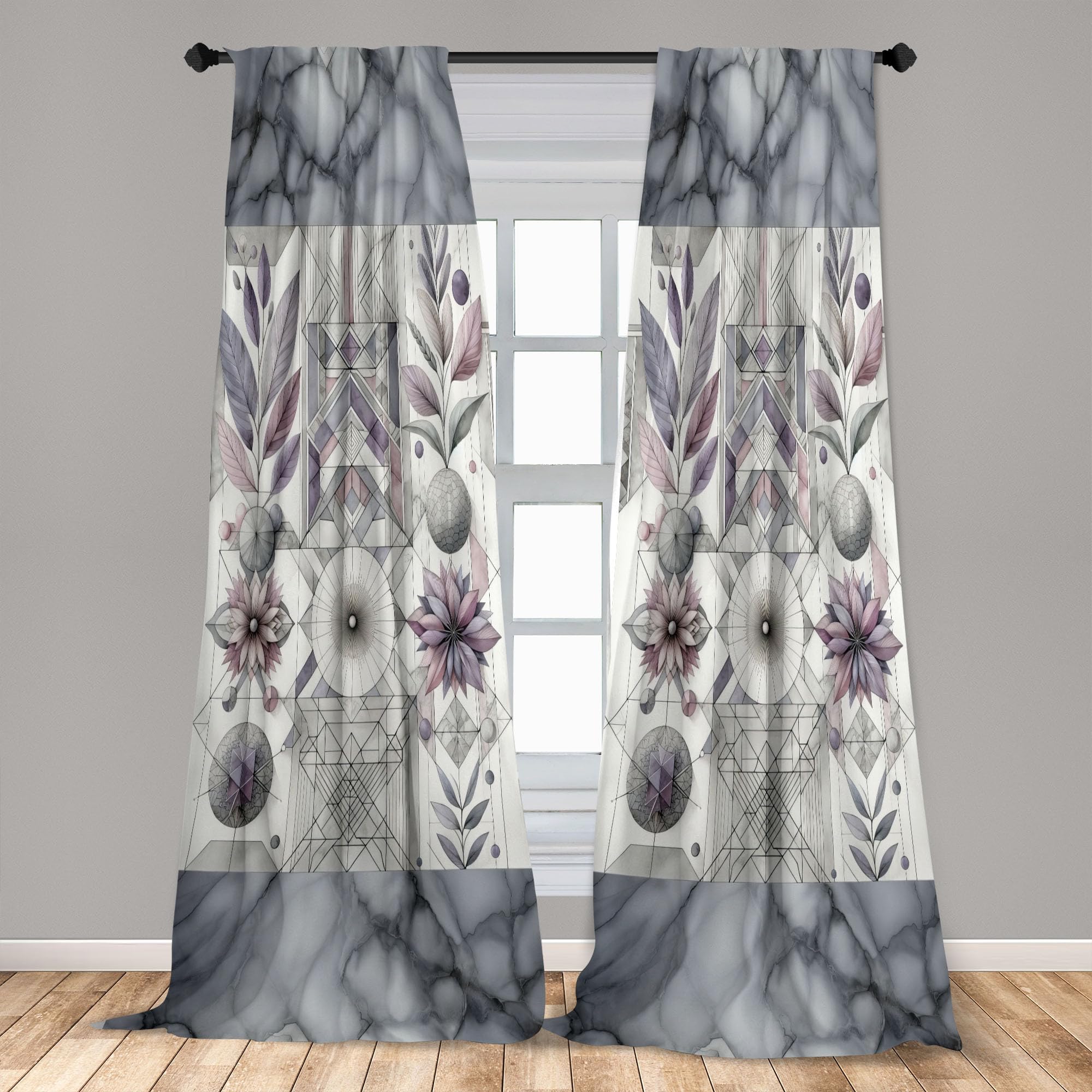 Ambesonne Geometric Floral Window Curtains, Classic Marble Print Ornate Leafy Flowers And Futurist Stripes, Lightweight Decor 2-