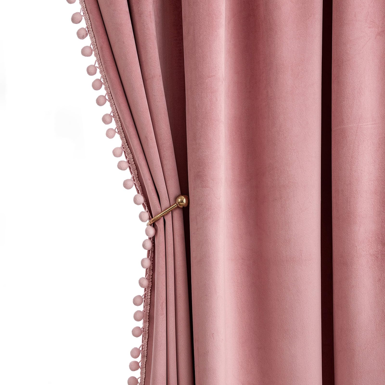 MIULEE Blush Pink Pom Pom Velvet Curtains for Bedroom/Living Room Darkening Thermal Insulating 96 Inches Long Blackout Curtains 