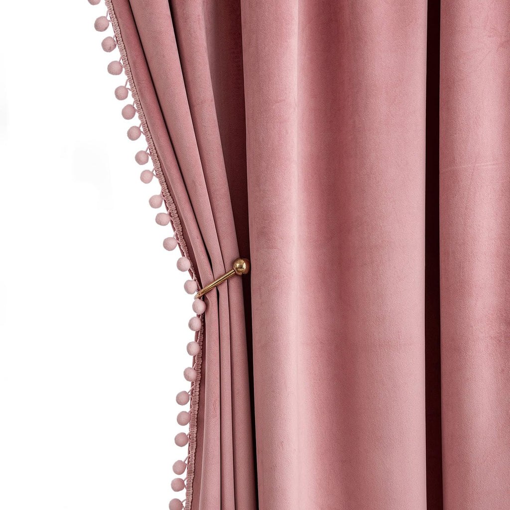 MIULEE Blush Pink Pom Pom Velvet Curtains for Bedroom/Living Room Darkening Thermal Insulating 63 Inches Long Blackout Curtains 