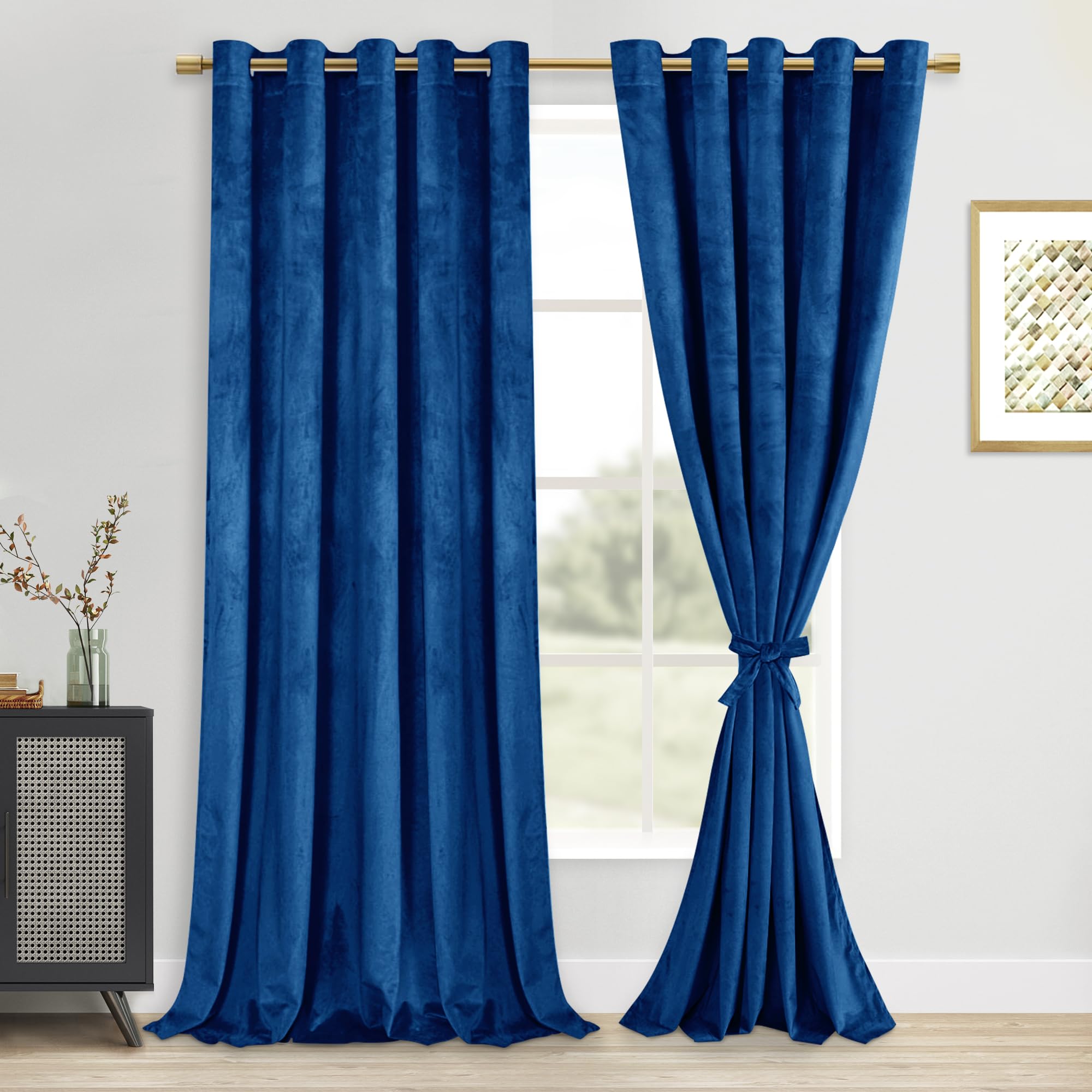 DWCN Velvet Curtains Extra Wide - Blue Blackout Privacy Protect Window Drapes Thick Grommet Tieable Light Blocking Curtains & Dr