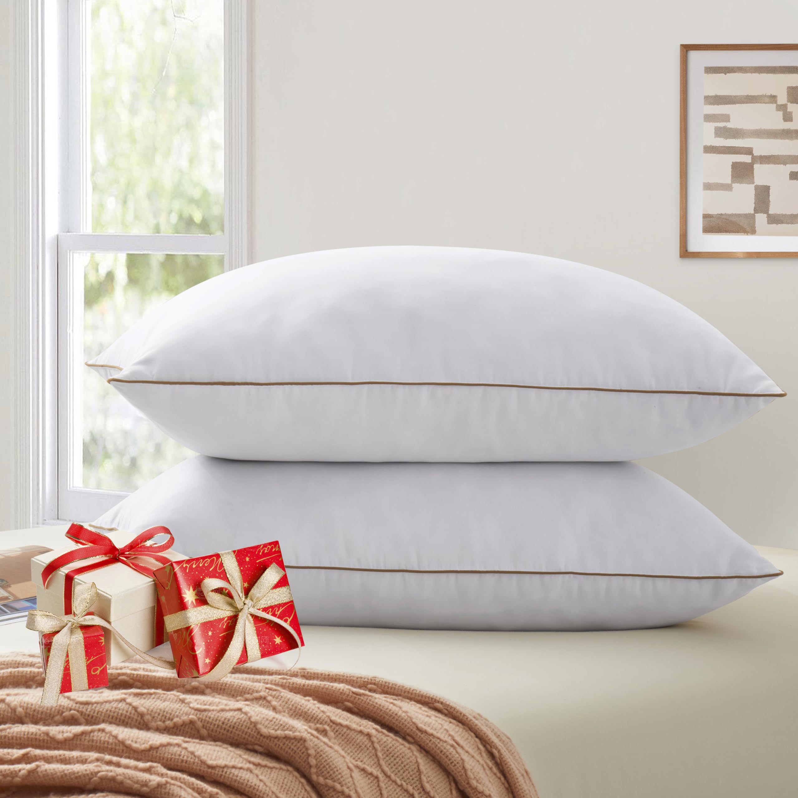 Bafode Goose Feather Pillows, Bed Pillows, Queen Size Set Of 2, Hotel Pillows For Sleeping, White Pillows Soft Down Alternative