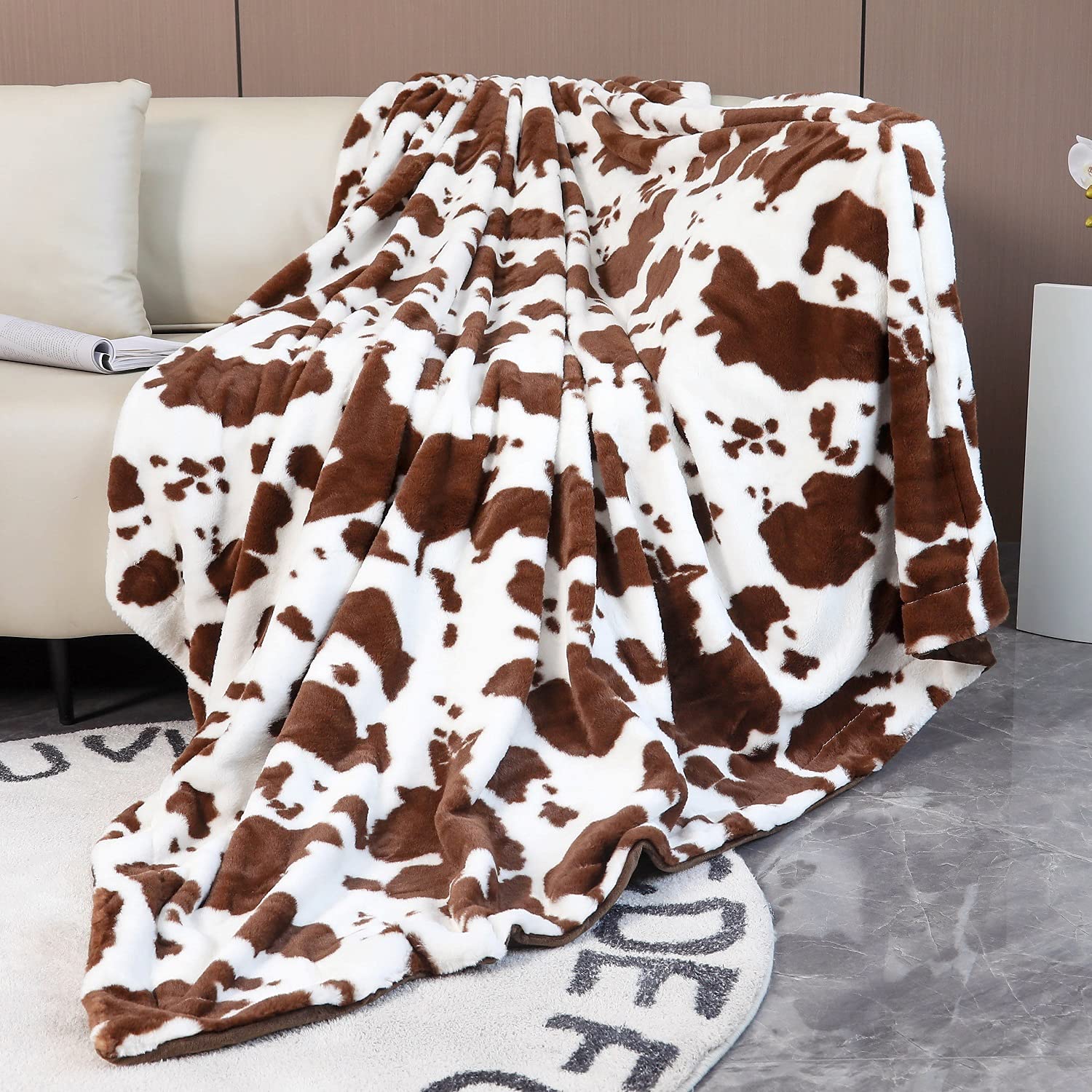Rynghipy Cow Print Blanket For Sofa Couch Double Sided Flannel Animal Design Brown Throw Blanket (Brown, 63'X79')