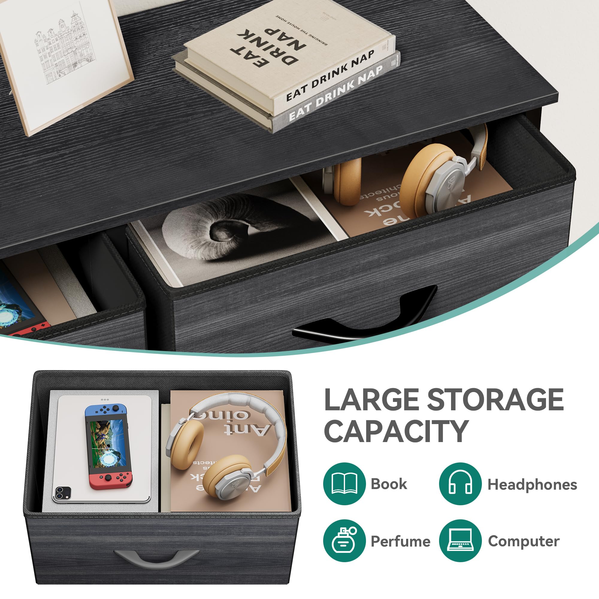 Yitahome 10 Drawer Dresser - Fabric Storage Tower, Organizer Unit For Living Room, Hallway, Closets - Sturdy Steel Frame, Wooden Top & Easy Pull Fabric Bins (Black Wood Grain)