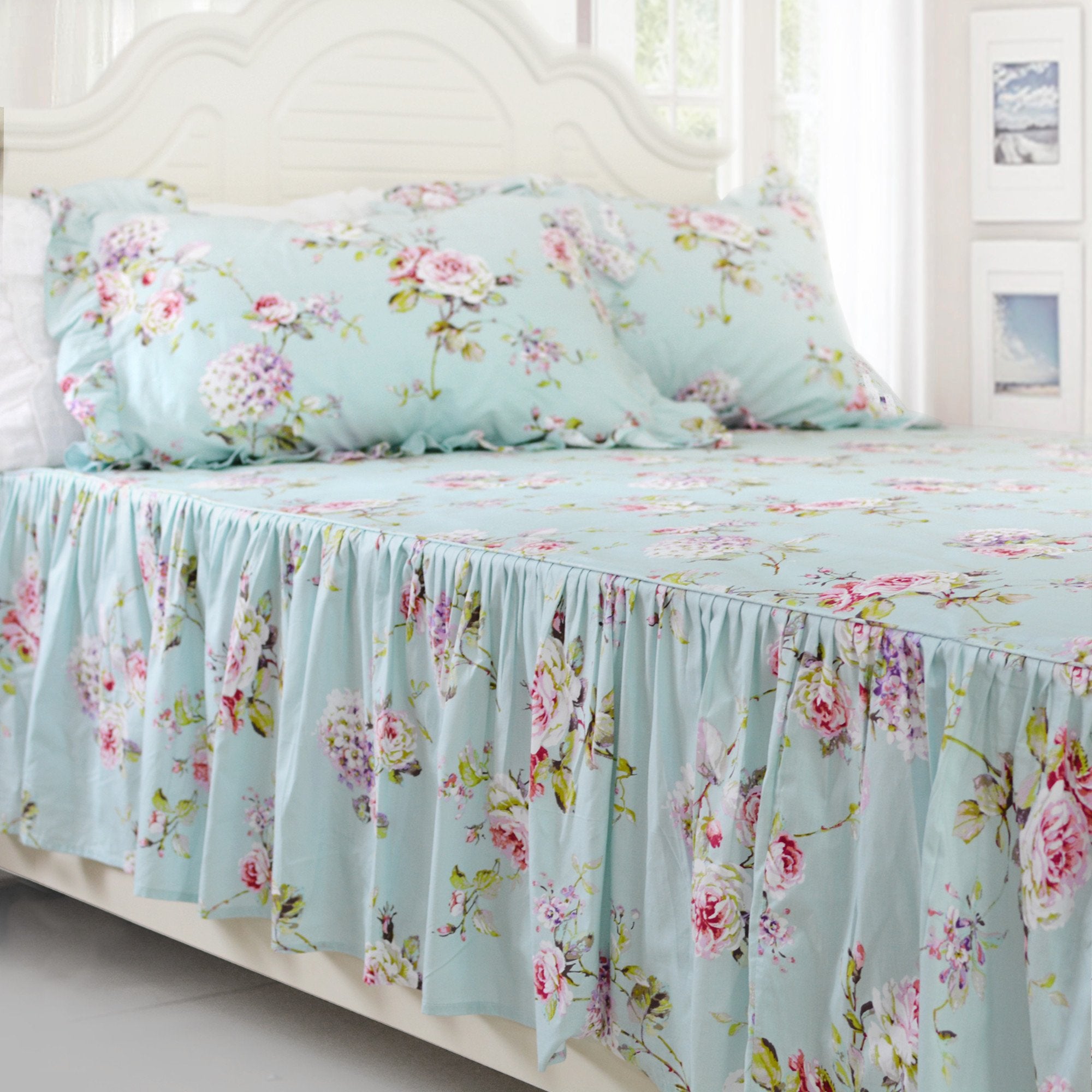 Fadfay Shabby Floarl Cotton Bedding Set Queen 4-Pieces Light Blue Hydrangea Print Duvet Cover Set With Bedskirt French Country S