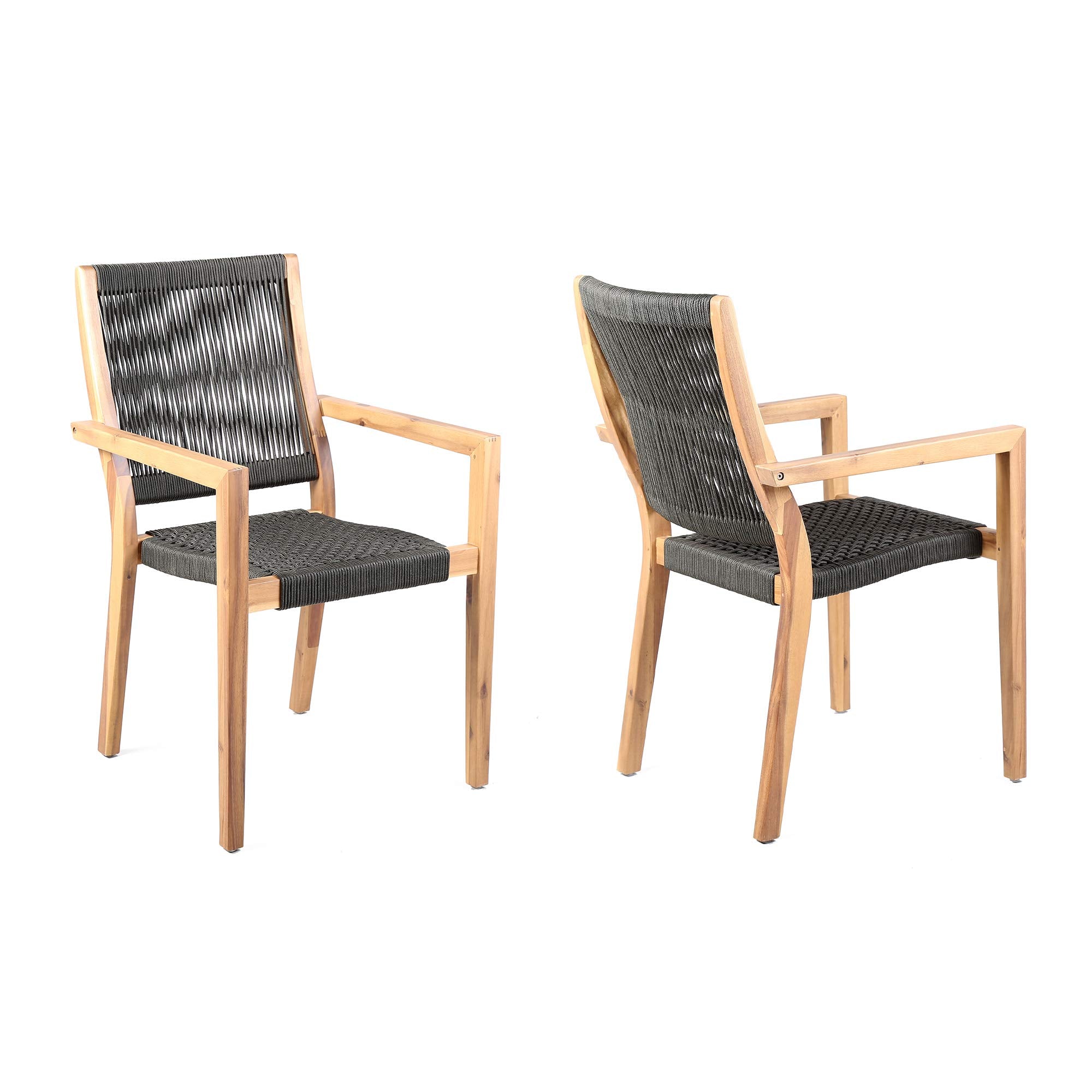 Armen Living Madsen Outdoor Eucalyptus Wood and Charcoal Rope Dining Chairs - Set of 2