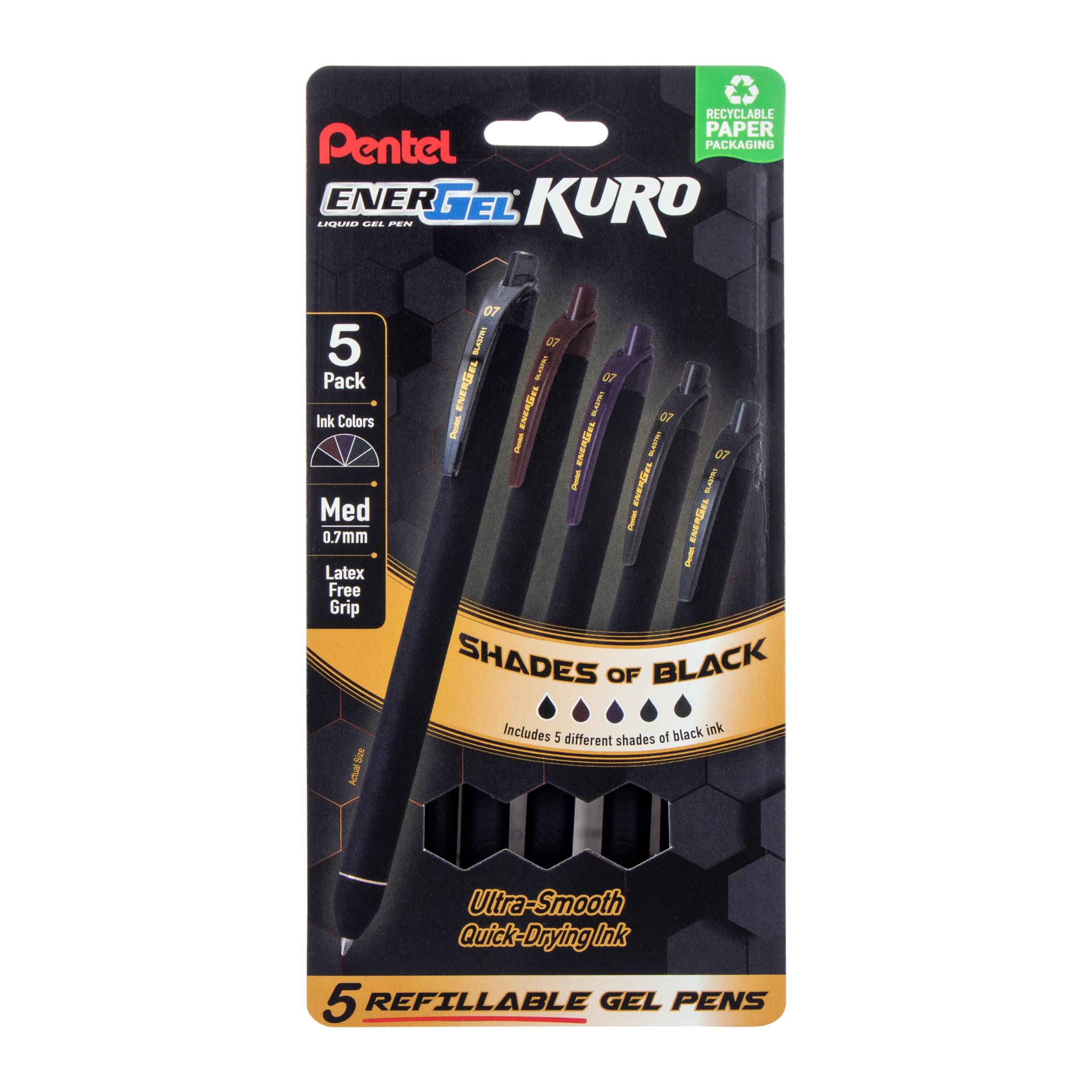 Pentel Energel Kuro Retractable Liquid Gel Pen, Shades Of Black, 0.7Mm Tip, Assorted Black Ink, Pack Of 5 Pens (Bl437Pf5Ma)