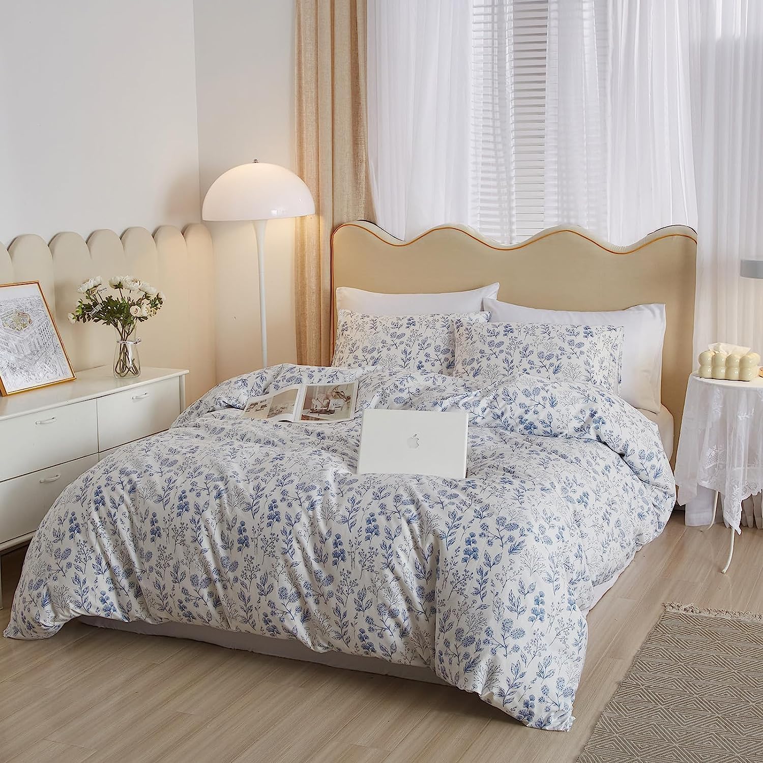 Lifetb Boho Floral Duvet Cover King Soft Cotton Blue Floral Bedding Sets Vintage Style Chic Flower Botanical Comforter Cover Aes