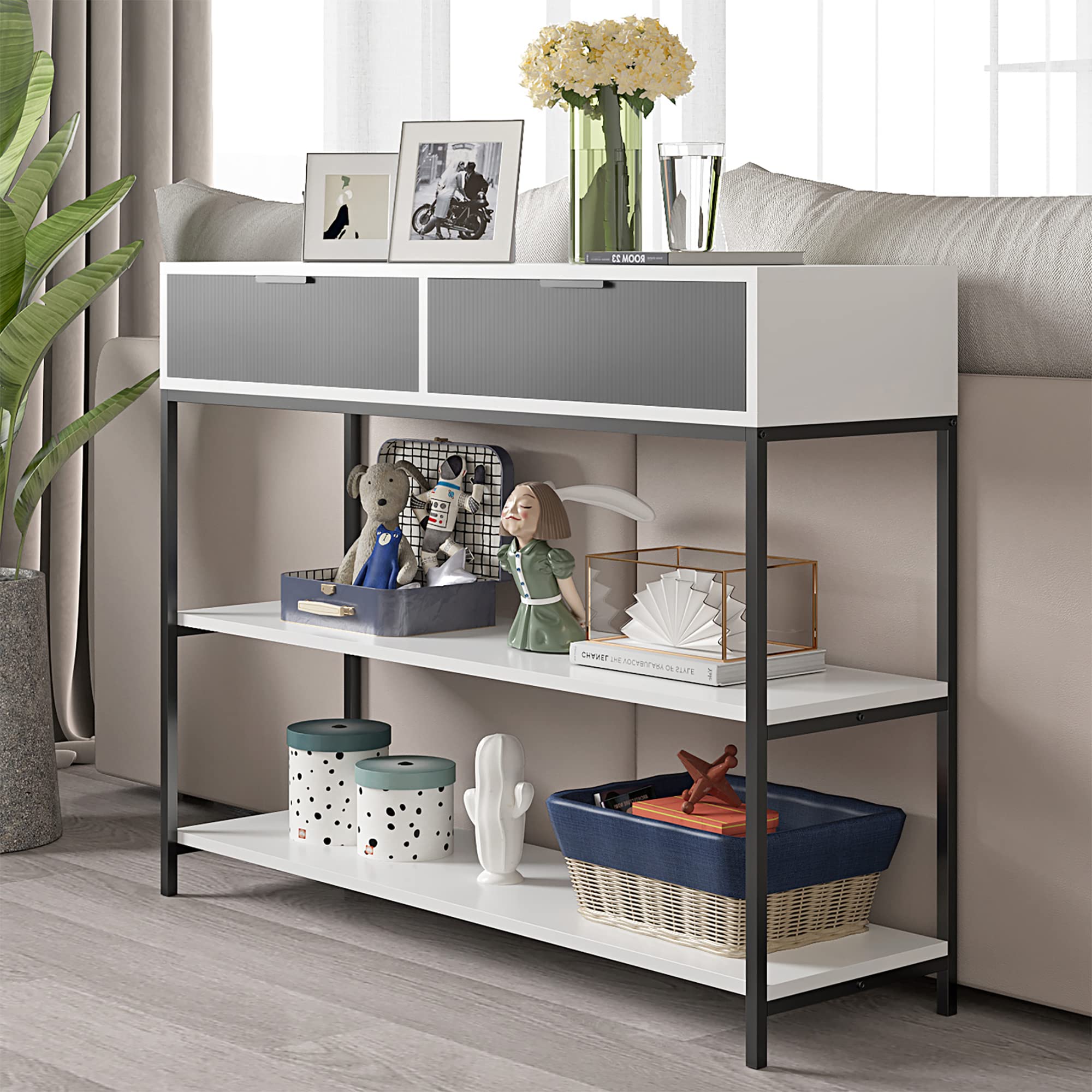 Lilola Home Louie White and Gray Wood Console Table Steel Frame with Shelves and Drawers