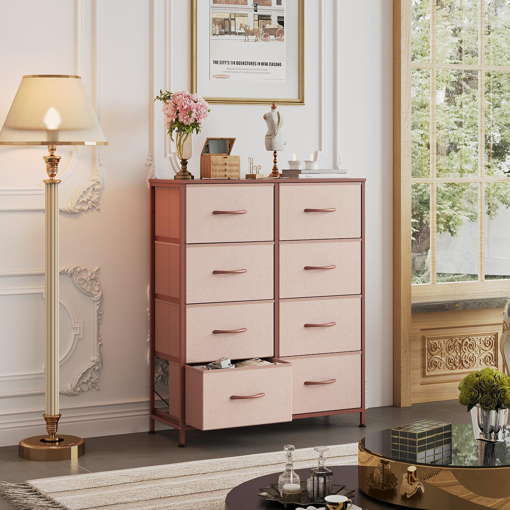 WLIVE Fabric Dresser, 8 Drawer Storage Tower, 11.7D x 31.7W x 38.6H, Wood, Pink and Rose Gold, Model ASNG100