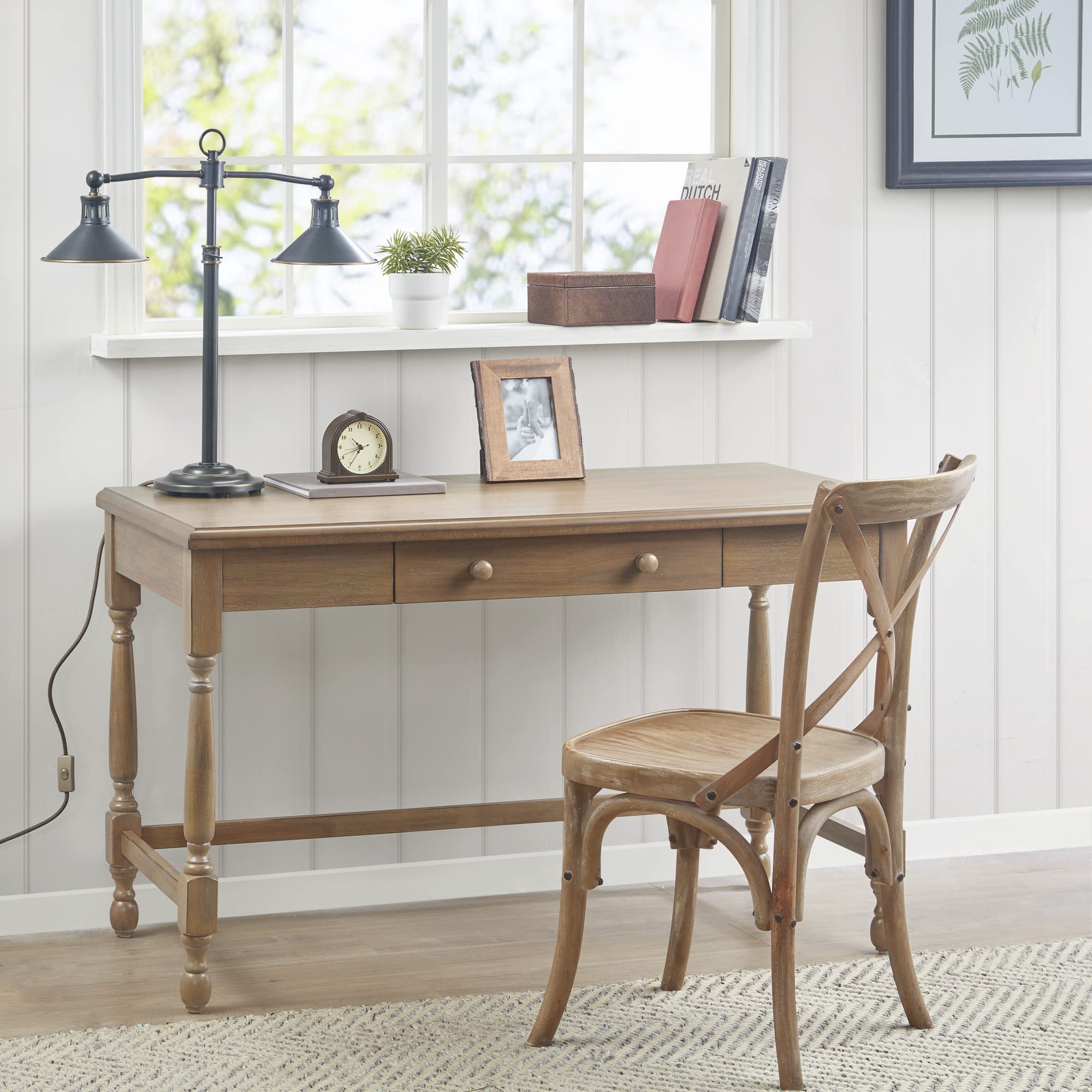 Martha Stewart Tabitha Solid Wood Writing Table With Metal Glides Drawer For Storage, Living Room Furniture, Home Office Small Computer Desk, Turned Legs, Natural