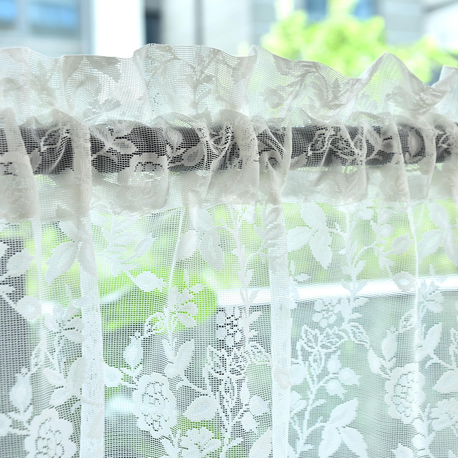 Finecity Lace Valances For Windows Over Sink, Rustic Leaf Floral Scalloped Bottom Sheer Kitchen Valance Curtain 18 Inch Length,