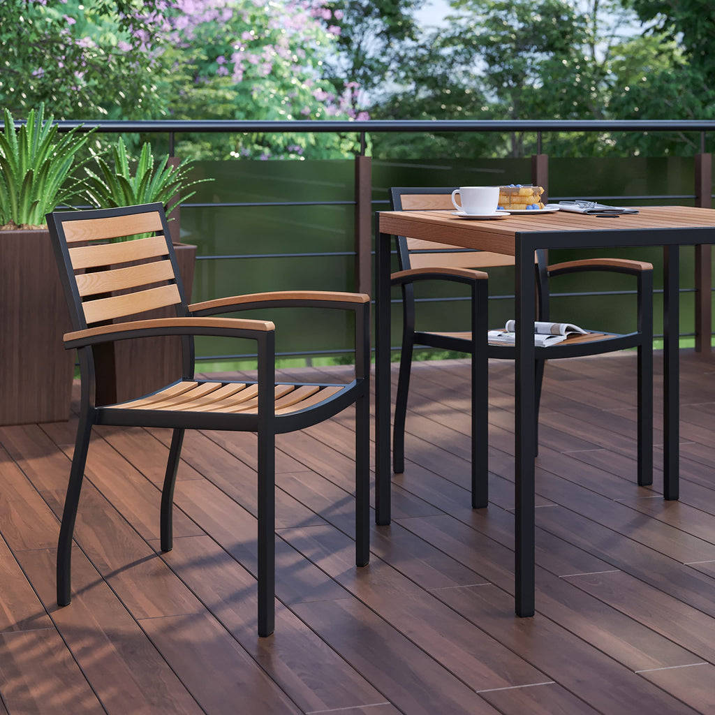 Flash Furniture Stackable Aluminum Patio Chair - All-Weather Black Framed Side Chair with Faux Teak Slats - Commercial Grade - Set of 2