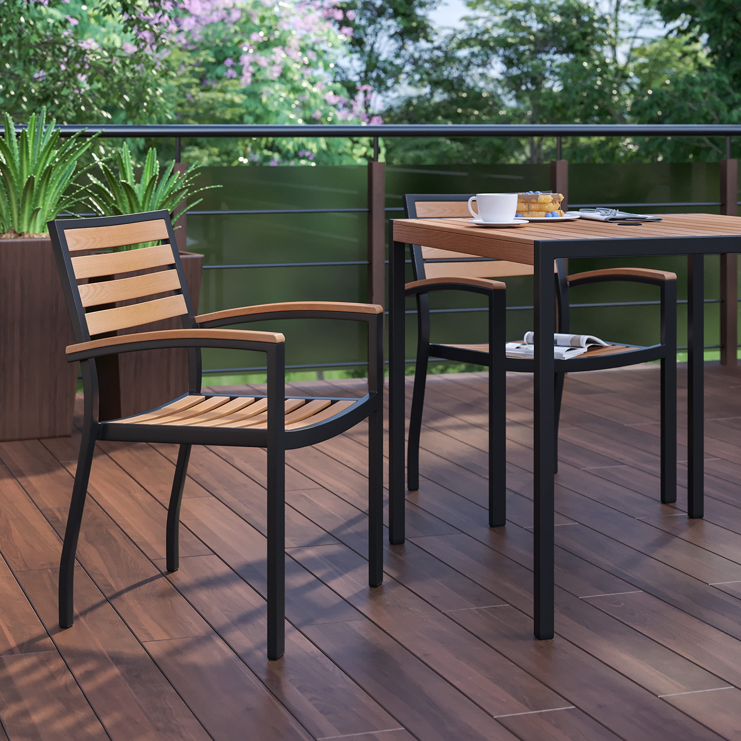 Flash Furniture Stackable Aluminum Patio Chair - All-Weather Black Framed Side Chair with Faux Teak Slats - Commercial Grade - Set of 2