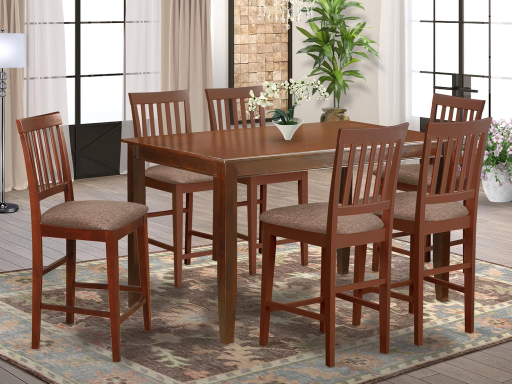 East West Furniture DUVN7H-MAH-C 7 Piece Kitchen Counter Set Consist of a Rectangle Dining Table and 6 Linen Fabric Dining Room Chairs, 36x60 Inch, Mahogany