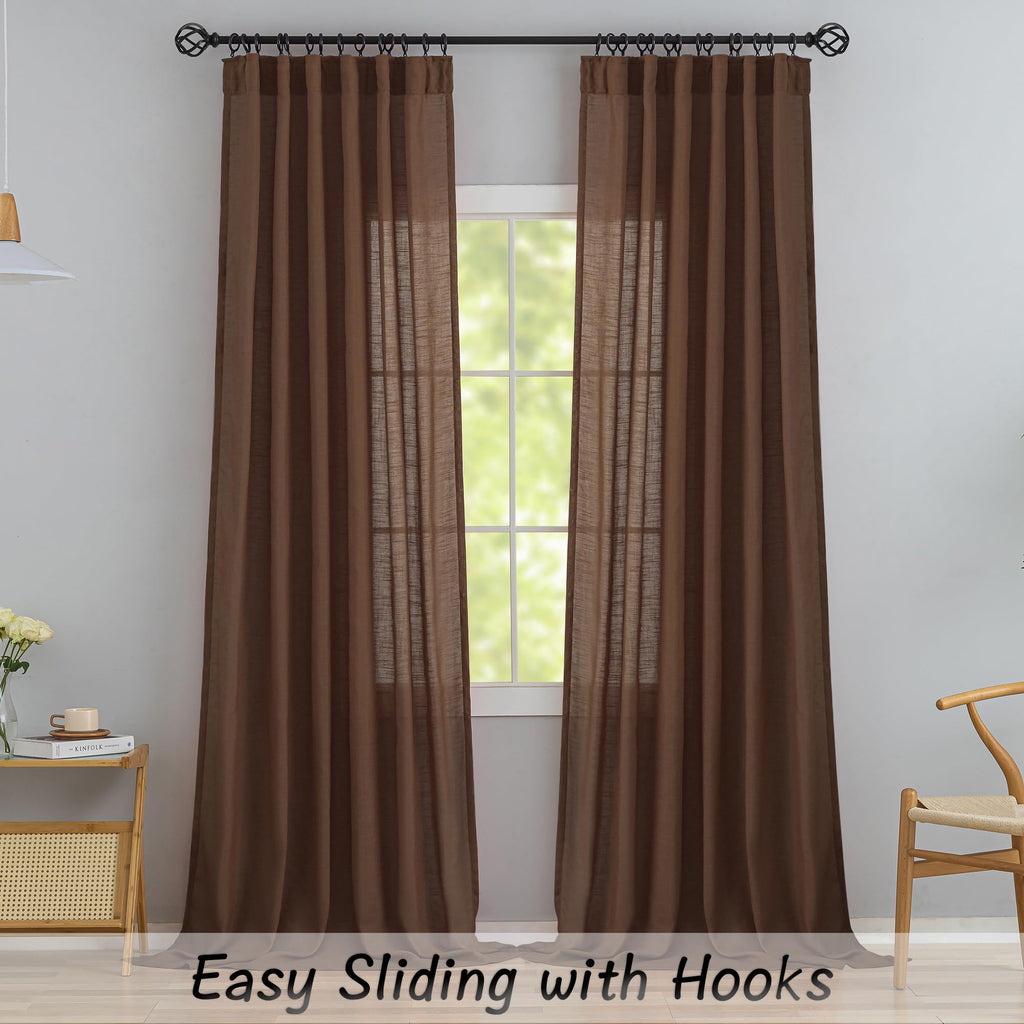 Cocoa Brown Linen Back Tab Curtains 120 Inches Extra Long Ceiling To Floor For Villa Living Room - 2 Panels Hooks Belt Pinch Pleated Easy Sliding Curtains Light Filtering Semi Sheer Drapres 52' X 120'