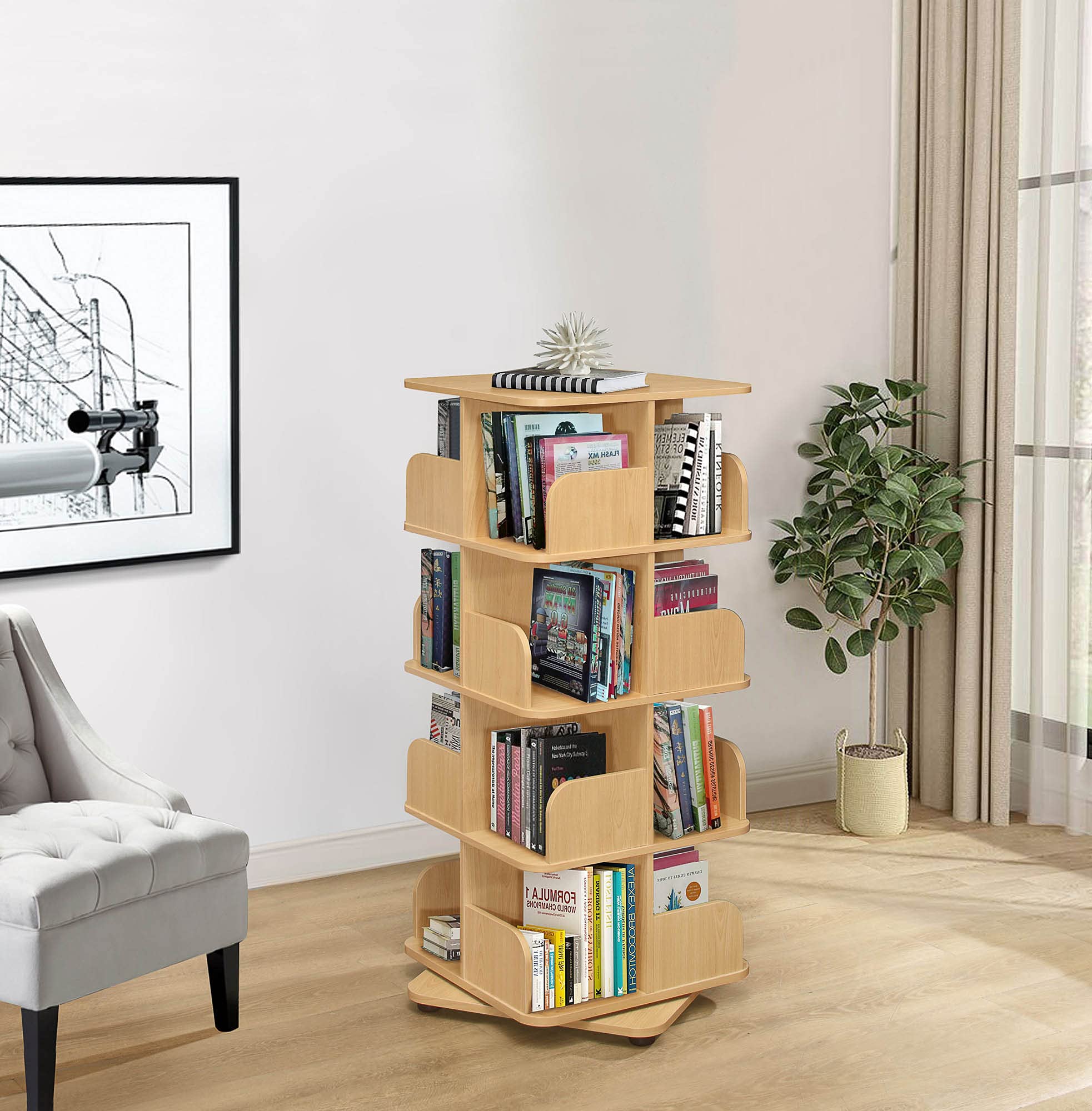 Pilaster Designs Contemporary Hartwick 4 Tier Revolving Bookcase Tower Display Unit with 16 Shelves, Natural Wood