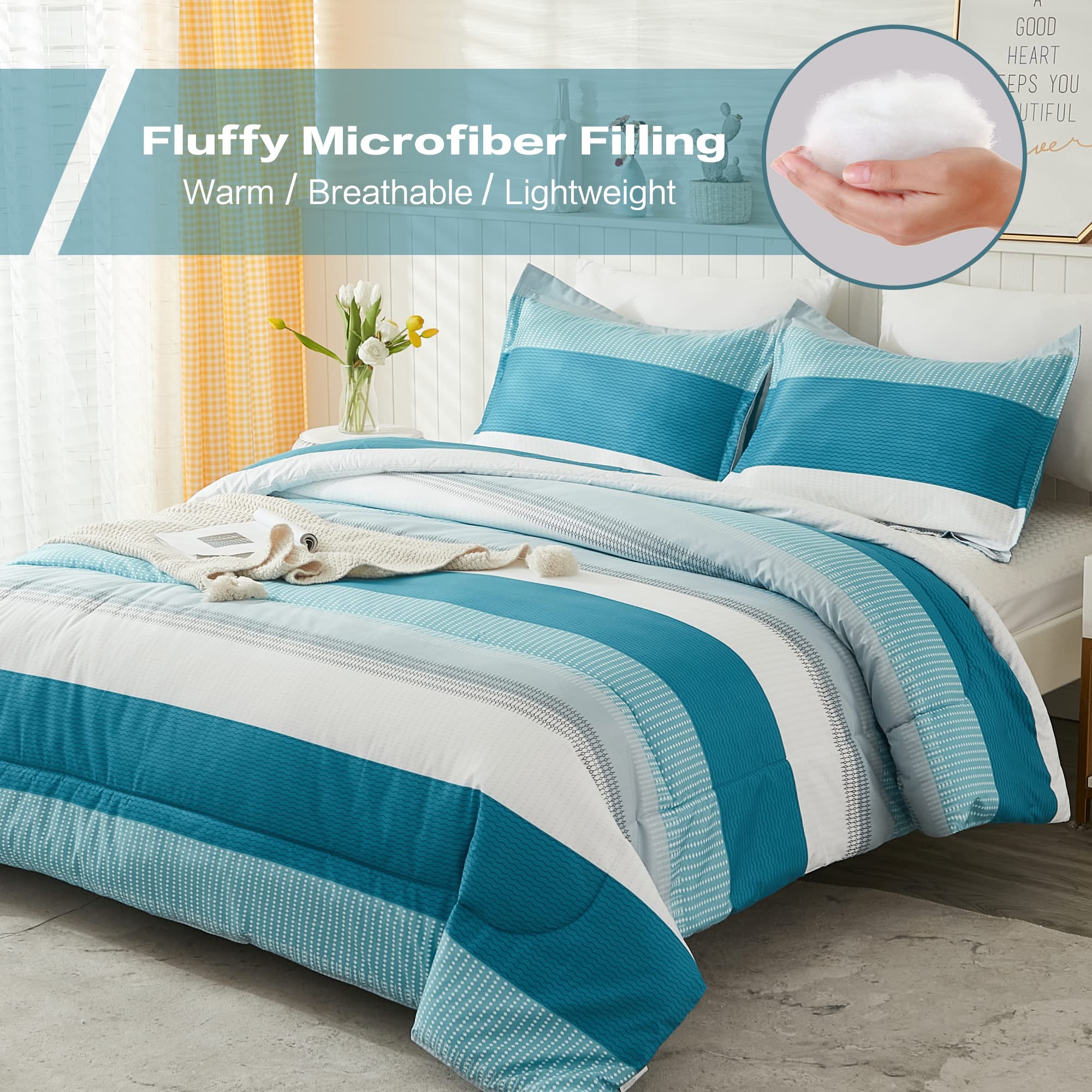 Litanika Queen Comforter Set White Teal - 3 Pieces Lightweight Fluffy Bedding Comforter Sets, All Season Down Alternative Comfor