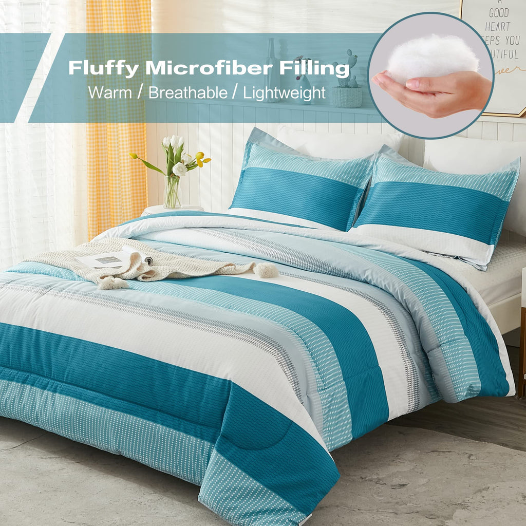 Litanika Teal White Bed Comforter Twin Set, Xl Twin Comforter Striped Bedding Comforter Set, 2 Pieces Lightweight Soft All Seaso