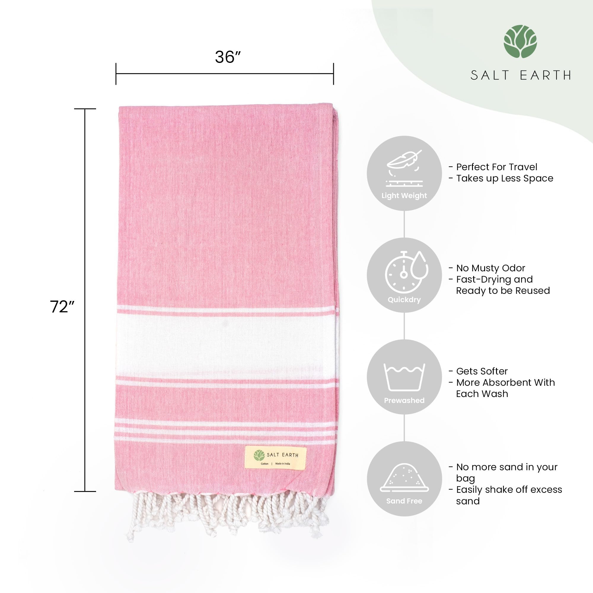 Salt Earth Cotton Turkish Beach Towel, Bath Towels Set Of 2 Large, Towels For Bathroom, Beach Essentials, Gym Towels, Quick Dry